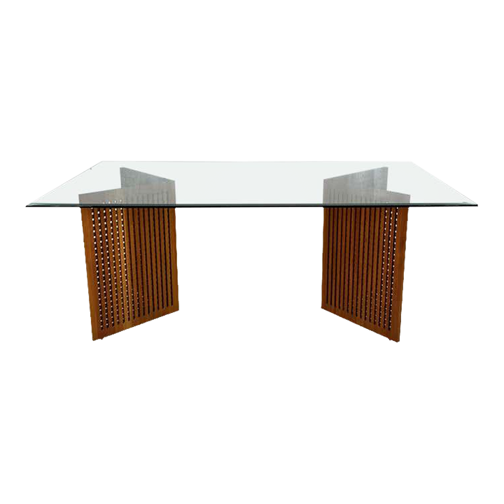 Teak Lattice Trestles Dining Room Glass Top Table Chairish