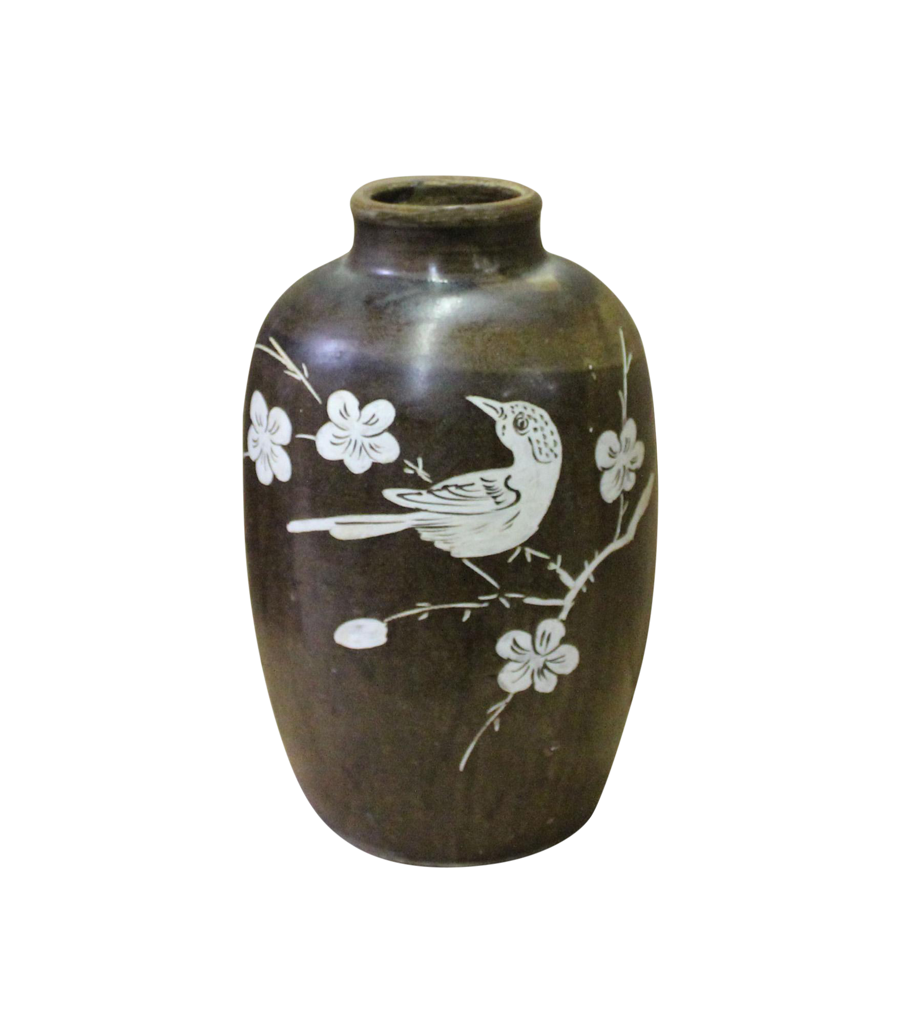 Chinese Cizhou Ware Ceramic Black Underglaze Flower Bird Round Vase Chairish