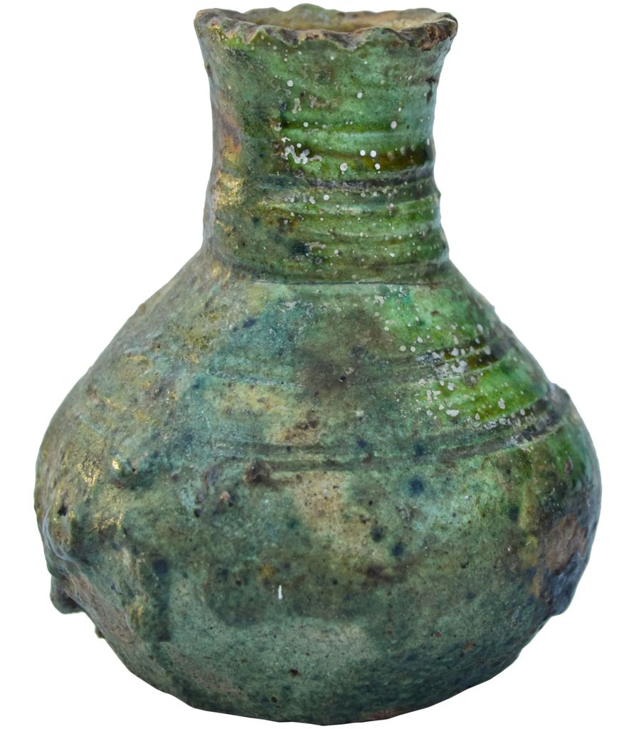 Antique Handmade Moroccan Green-Glazed Ceramic Vase | Chairish