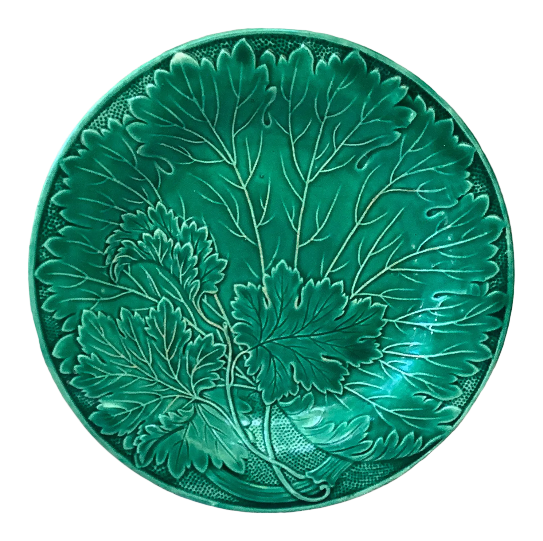 1890 Montereau French Green Majolica Leaves Plate | Chairish