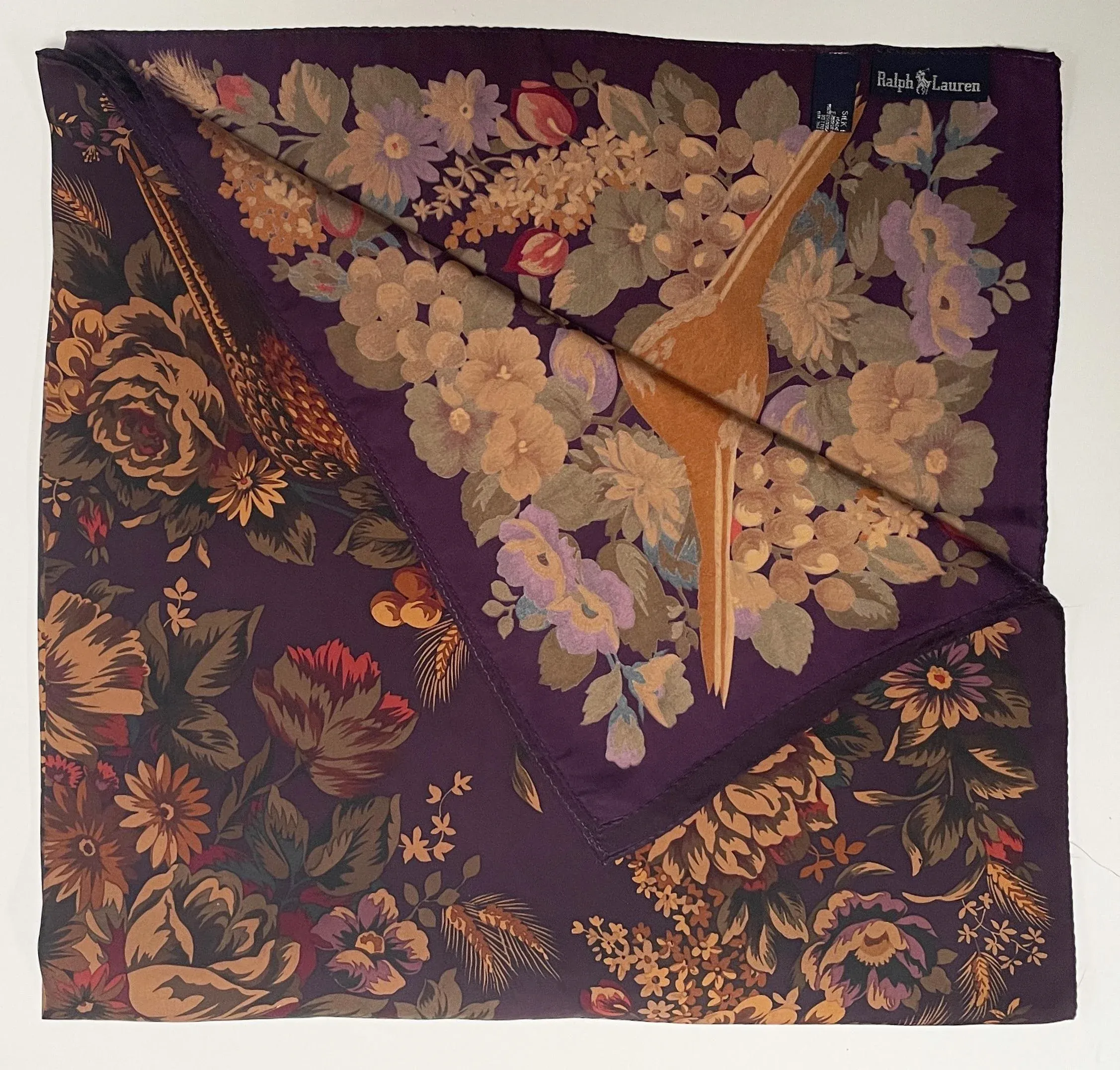 1990s Ralph Lauren Silk Floral and Pheasant Scarf - | Chairish