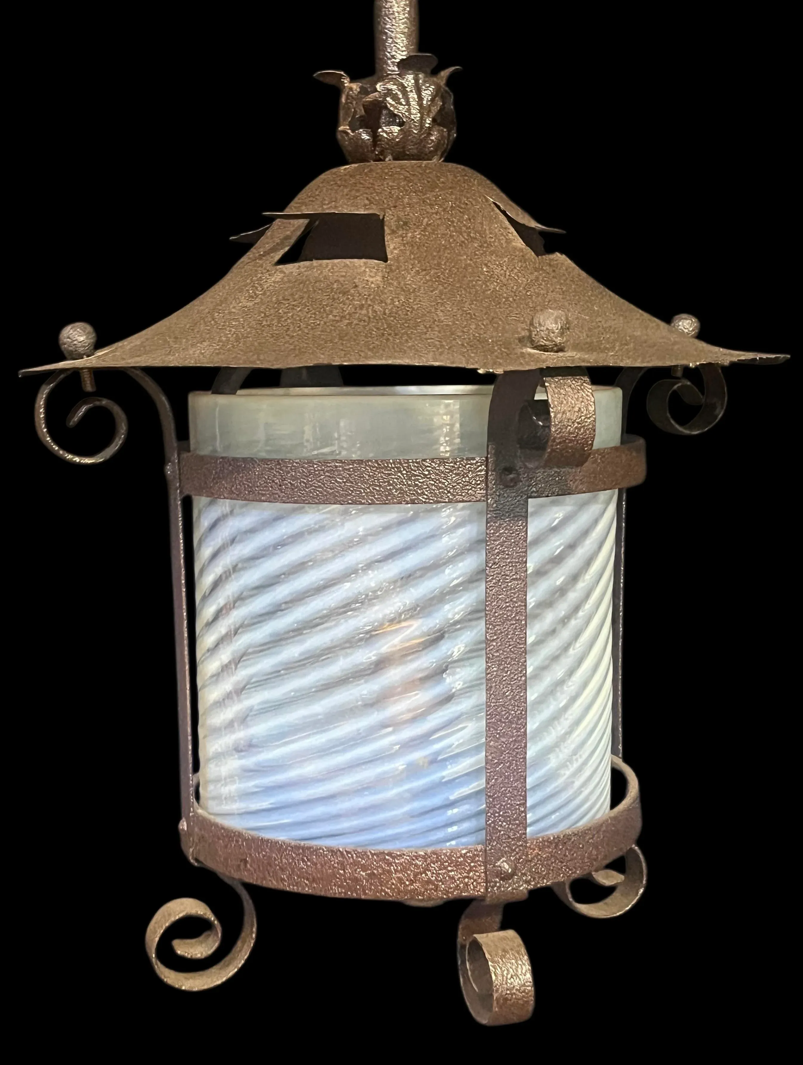 Late 19th Century Dark Cast Iron Pendant Light With Light Blue Shade