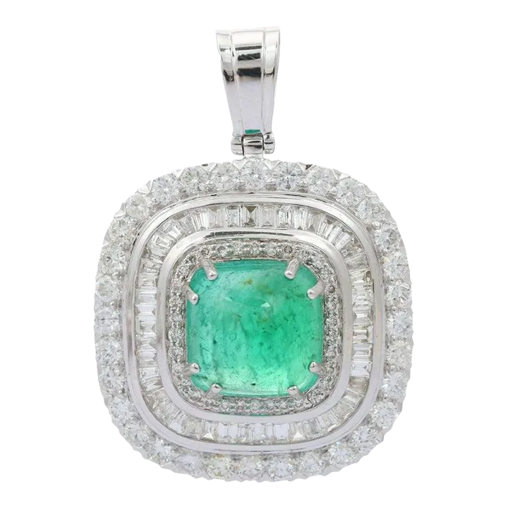 Regal Halo Diamond Emerald Pendant in 18k Solid White Gold Size 7