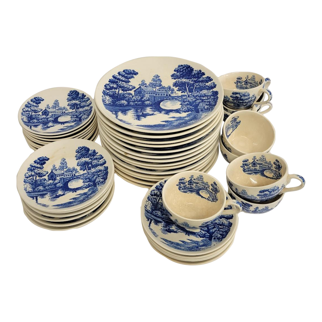 Vintage Blue White Transferware Plates Cups Saucers - Pieces