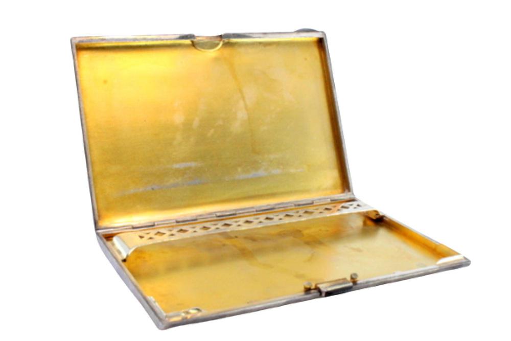 Three-Tone Silver and Gold Cigarette Case with Gold Interior and Cut-Out Cigarette  Holder