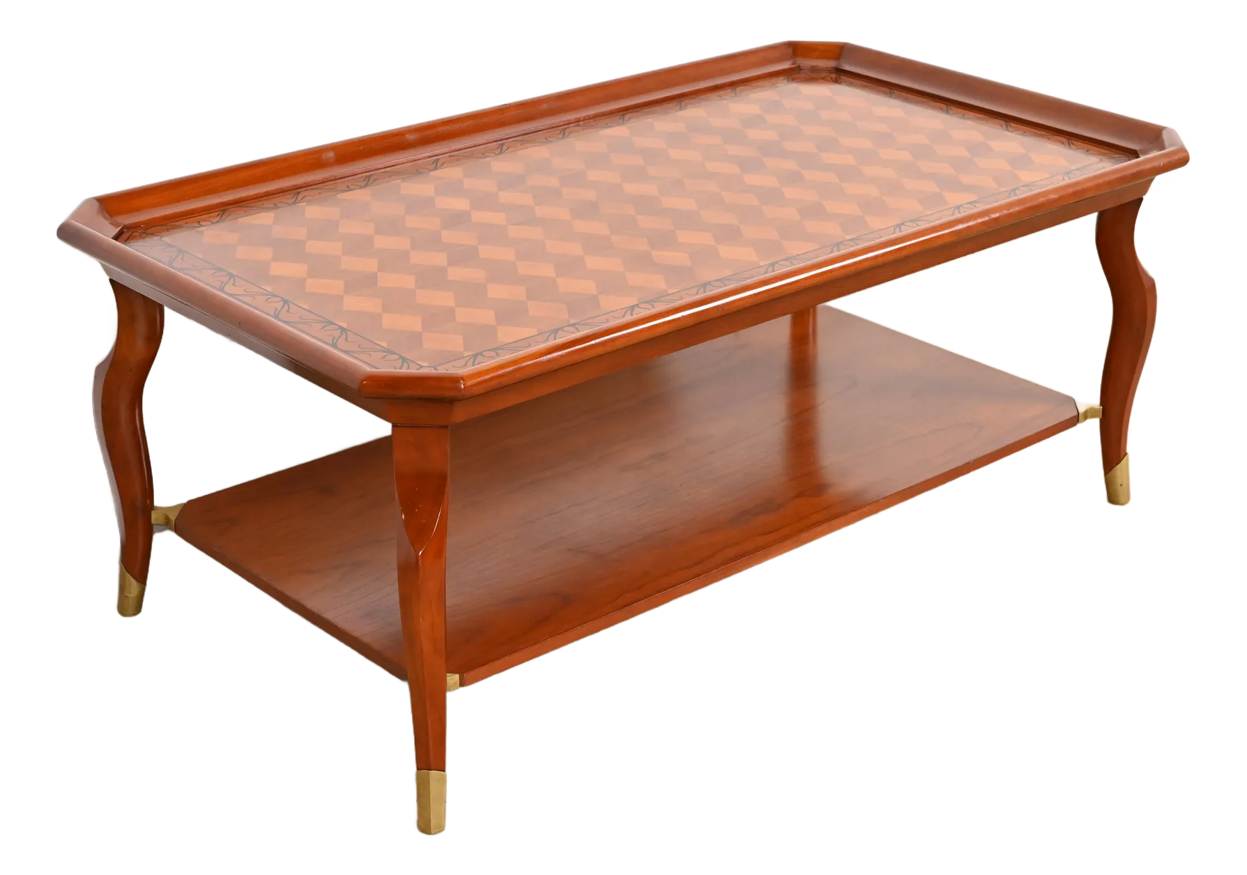 Blonde wood mid century end table with gold metal accents, image size:1789x1255