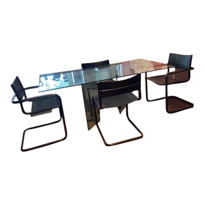 1990s Modern Glass Dining Table With Black Leather Chairs - Set of 5 ...