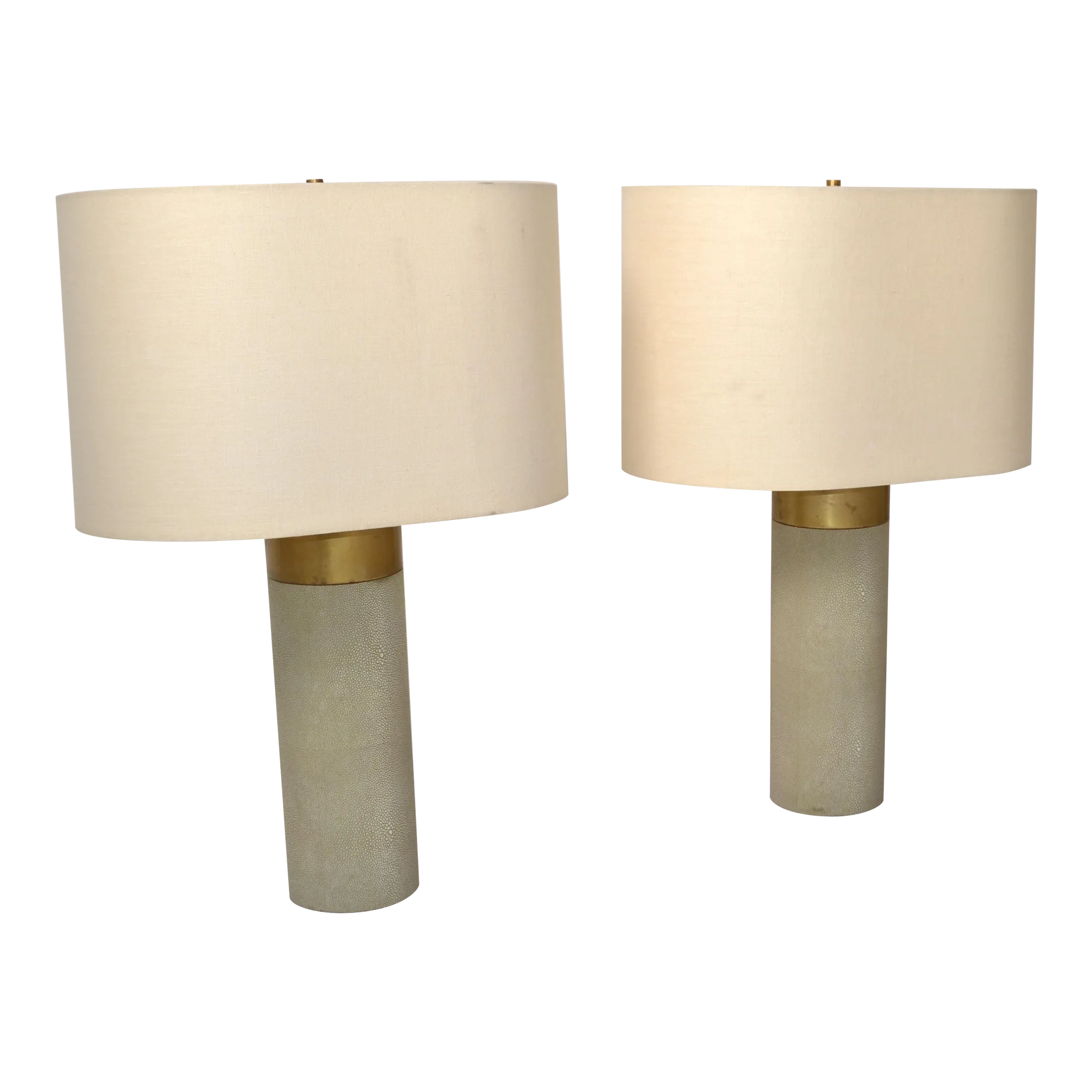 Pair of Contemporary Faux Shagreen Brass Finish Steel Modern Cylinder Table Lamps Oval Shades