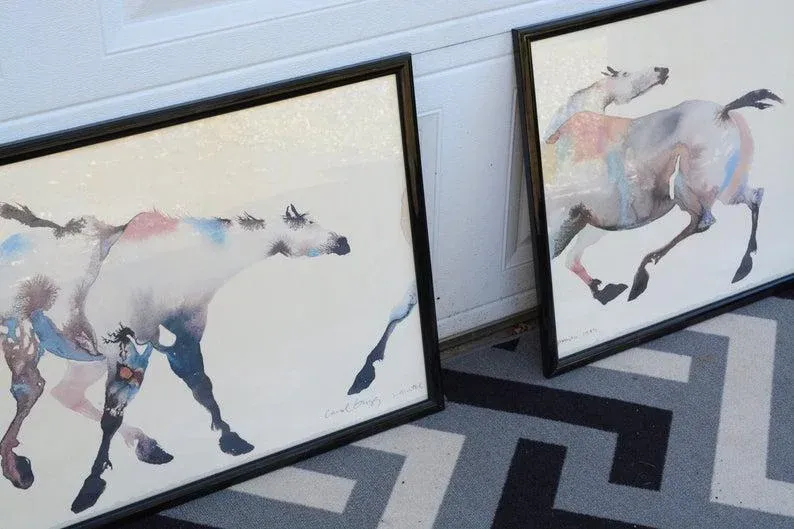 1980s Carol Grigg Painted Ponies Framed Lithograph Prints - A Pair