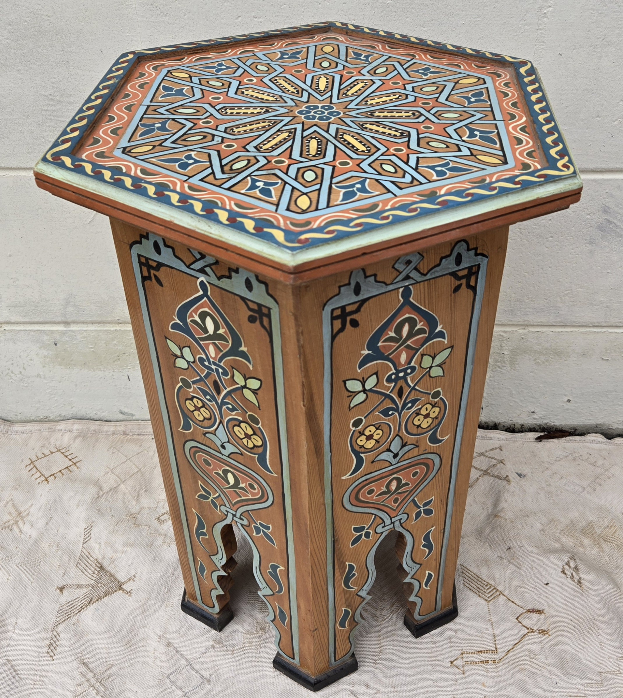 Moroccan Hexagonal Hand Painted Wooden Side Table / Orange