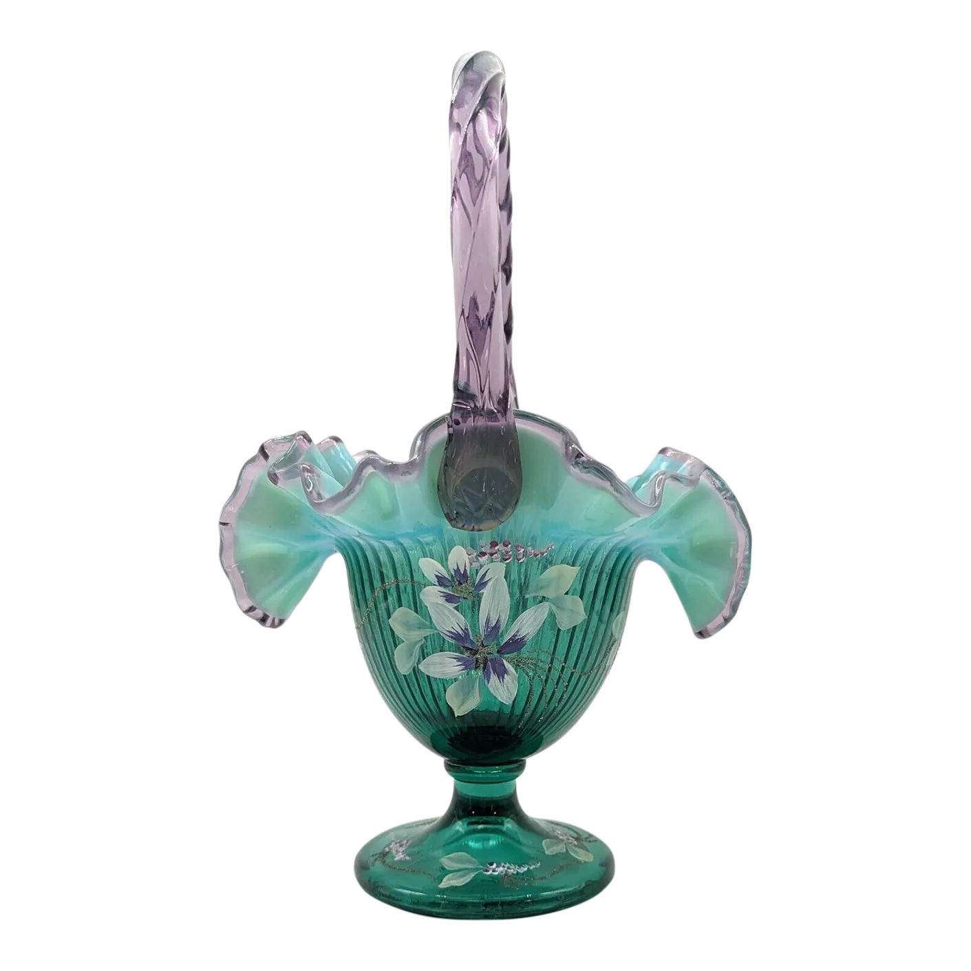 九*O様 FENTON ミルクガラス 蝶柄 両手付き 器 Fenton Glass New Century XXI Teal & Amethyst Dragonfly Floral