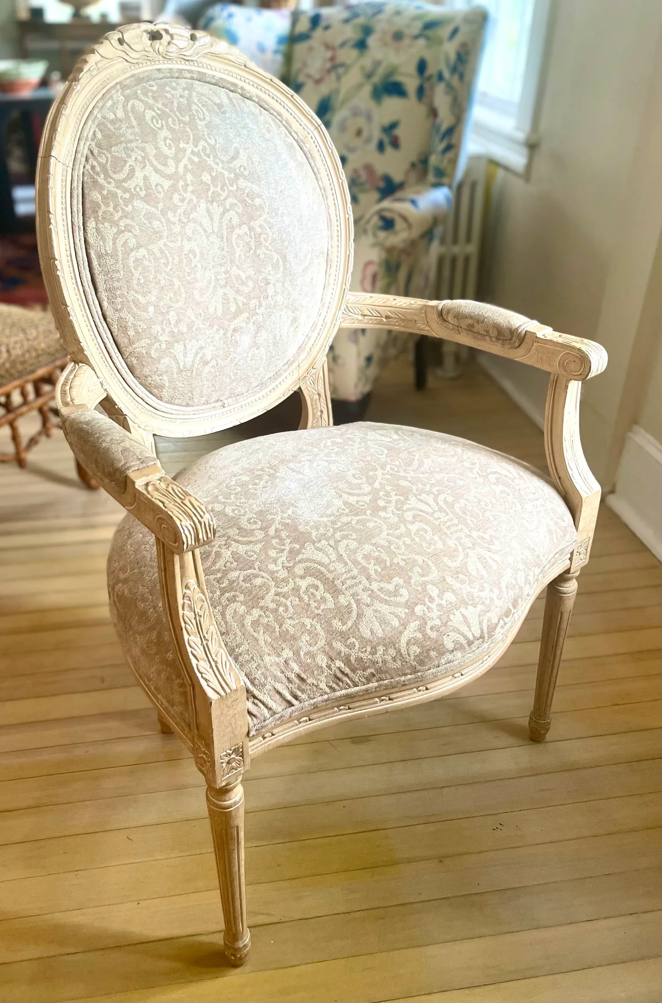 Custom Fortuny Style Upholstered Italian Louis XVI Style Whitewashed Accent  Chair