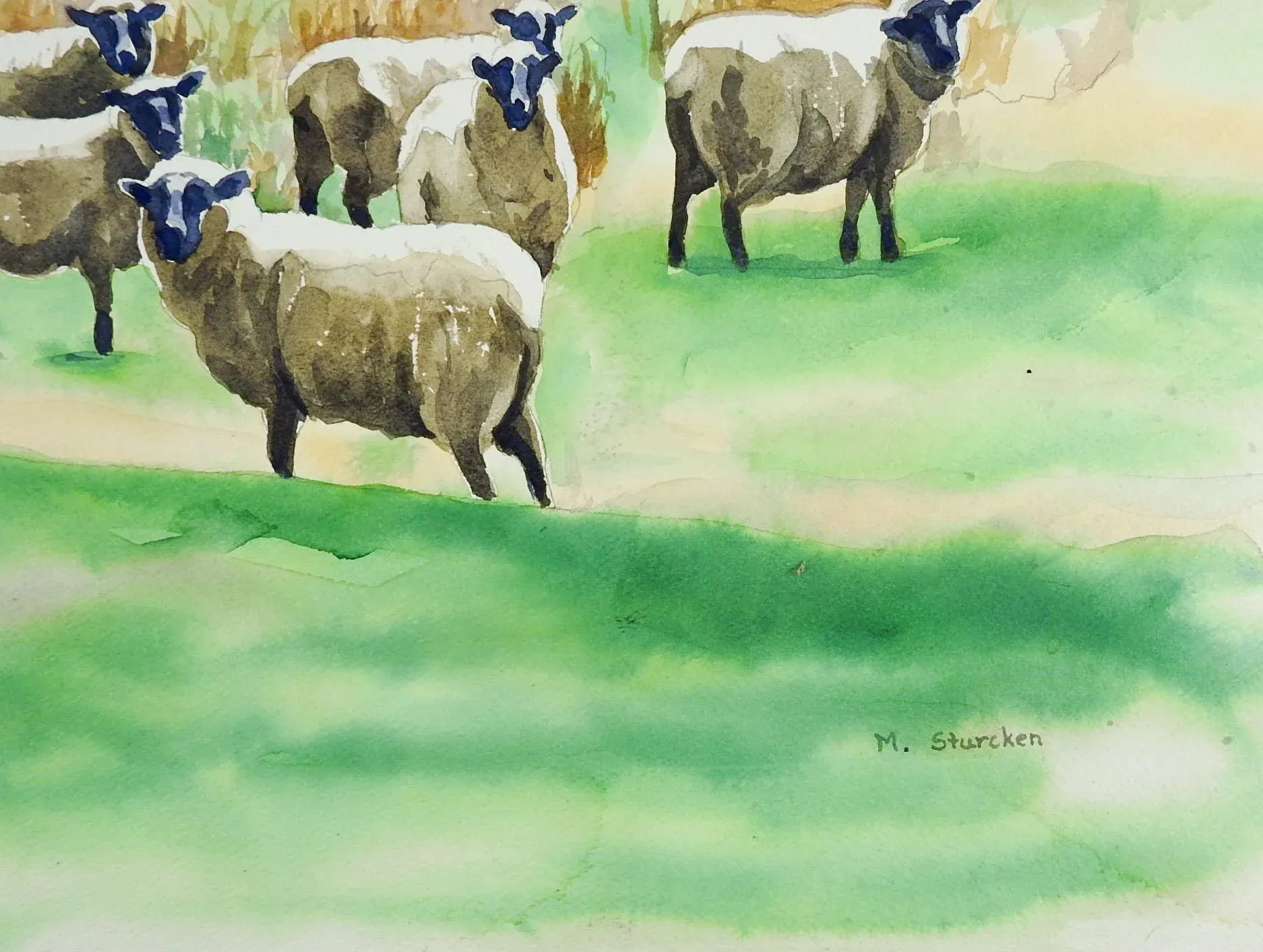 Mid 20th Century Pastoral Watercolor Painting With Sheep