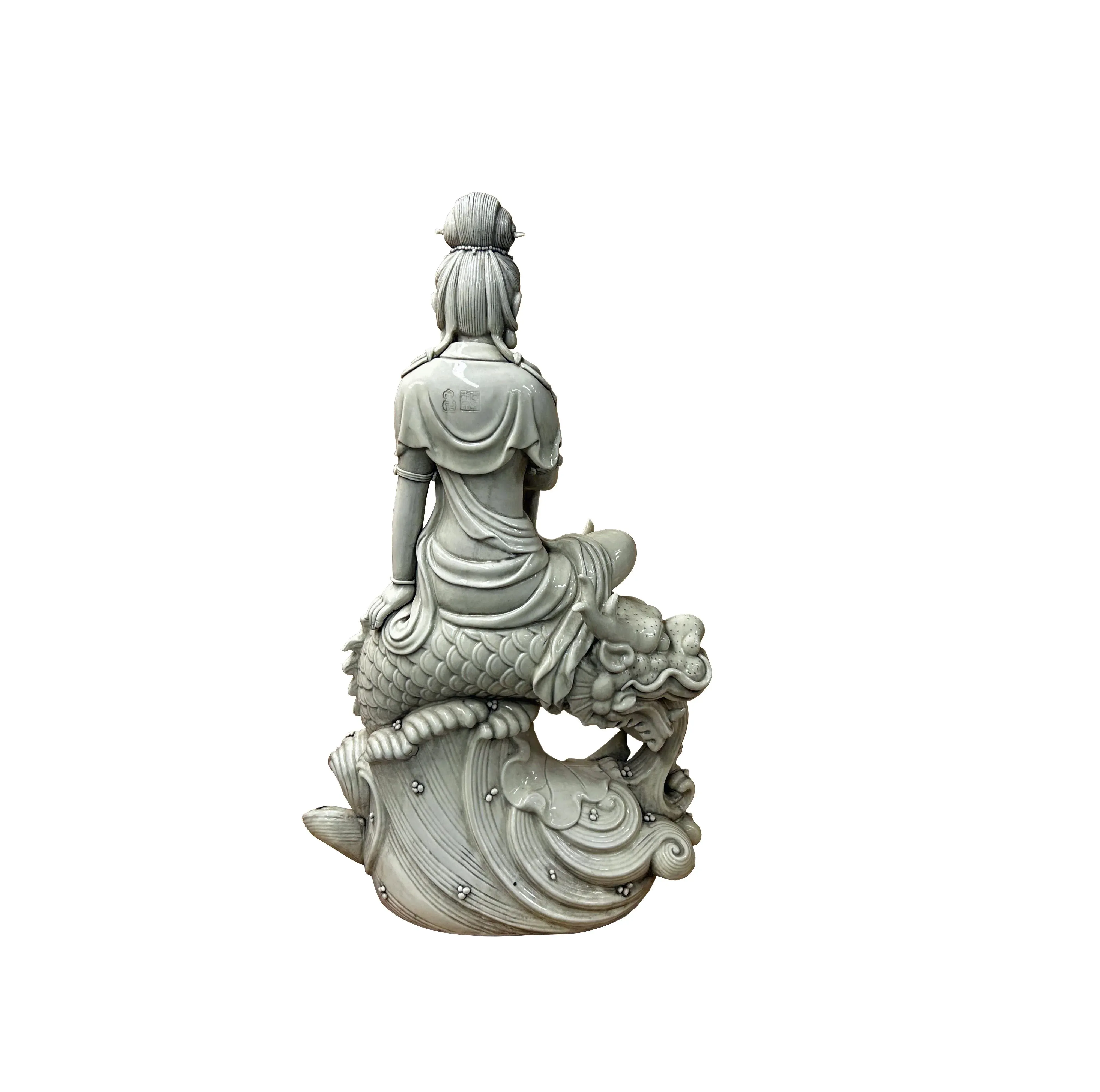 Chinese Handcrafted GuanYin Bodhisattva on Dragon White Porcelain Statue