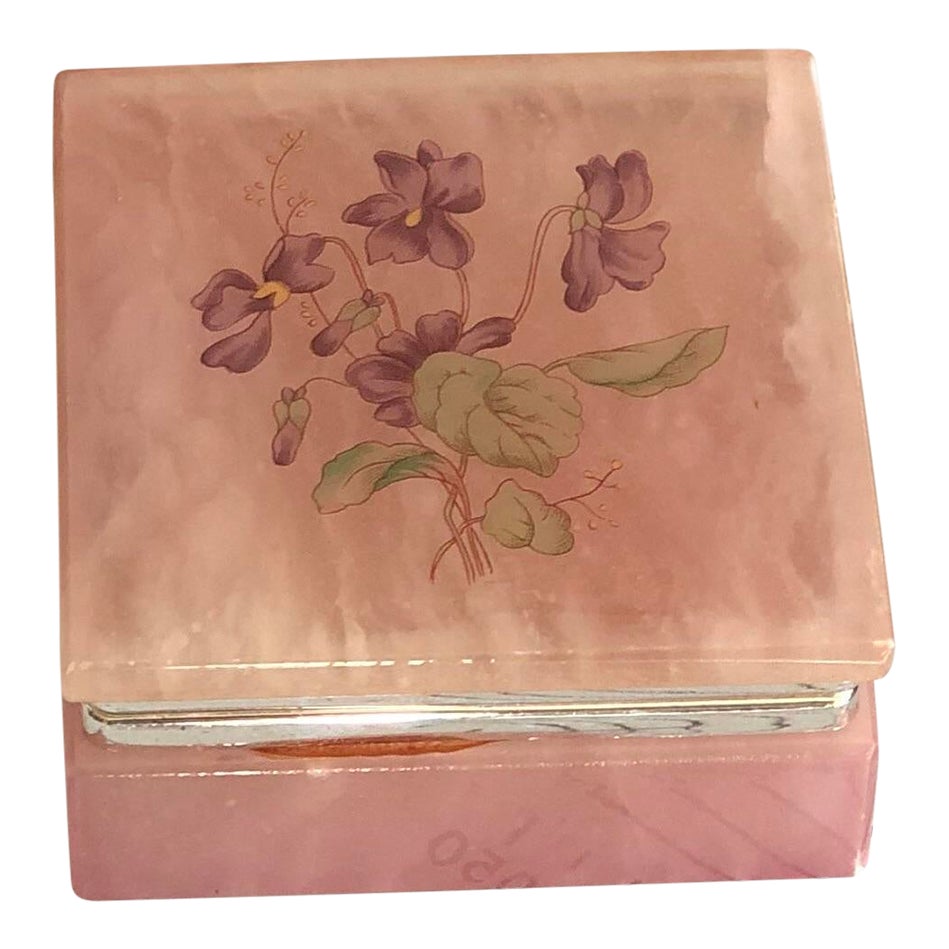 Vintage 1960s Hand Carved and Hand Painted Square Alabaster Hinged Box ...