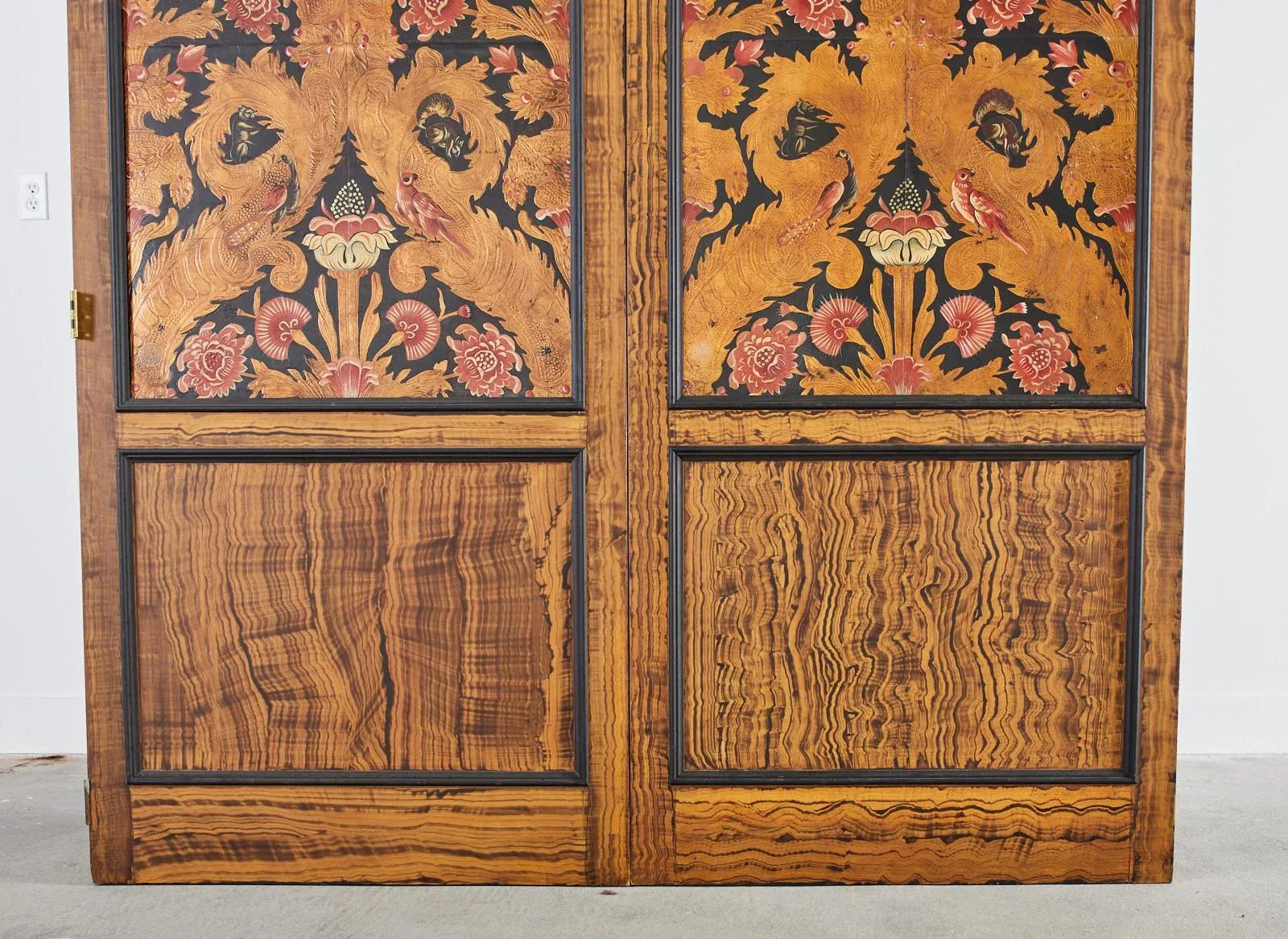 Antique Art Nouveau Embossed Painted Leather 2-Panel Screen