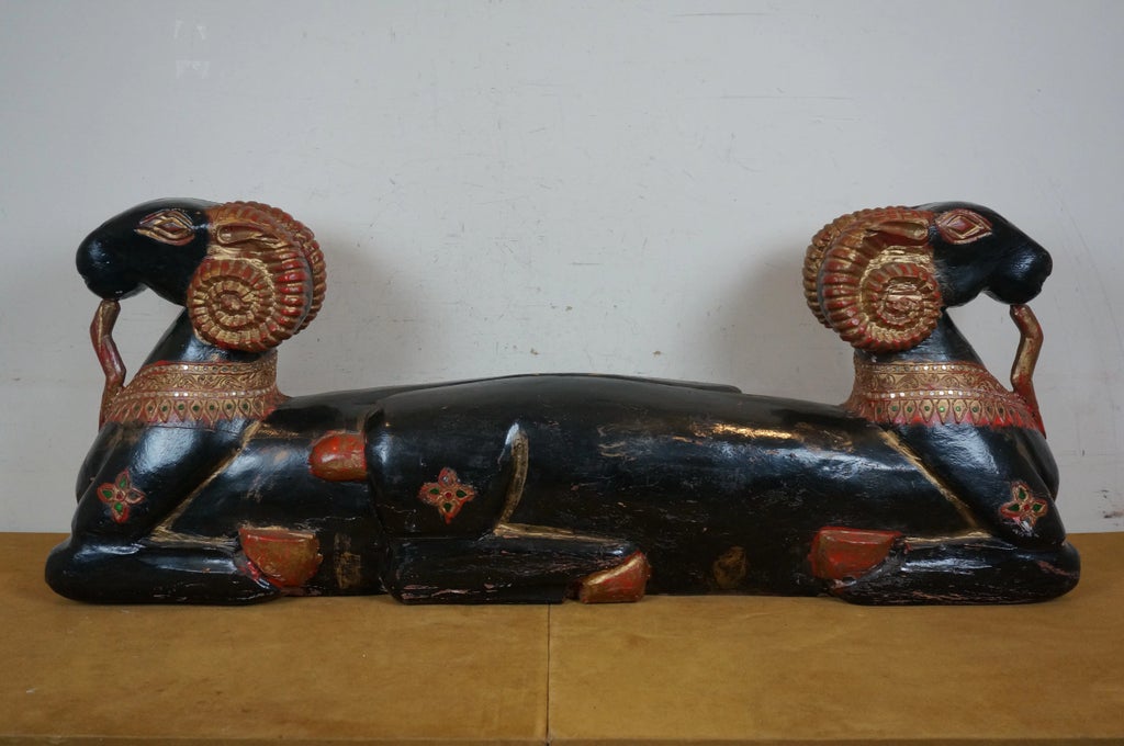 Late 20th Century Egyptian Revival Two Headed Ram Goat Wood Carved