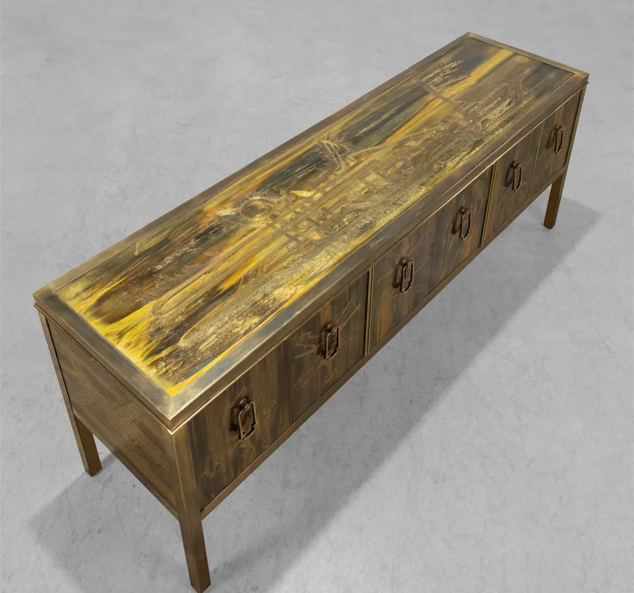 1970s Bernhard Rhône Acid Etched Brass Credenza for Mastercraft