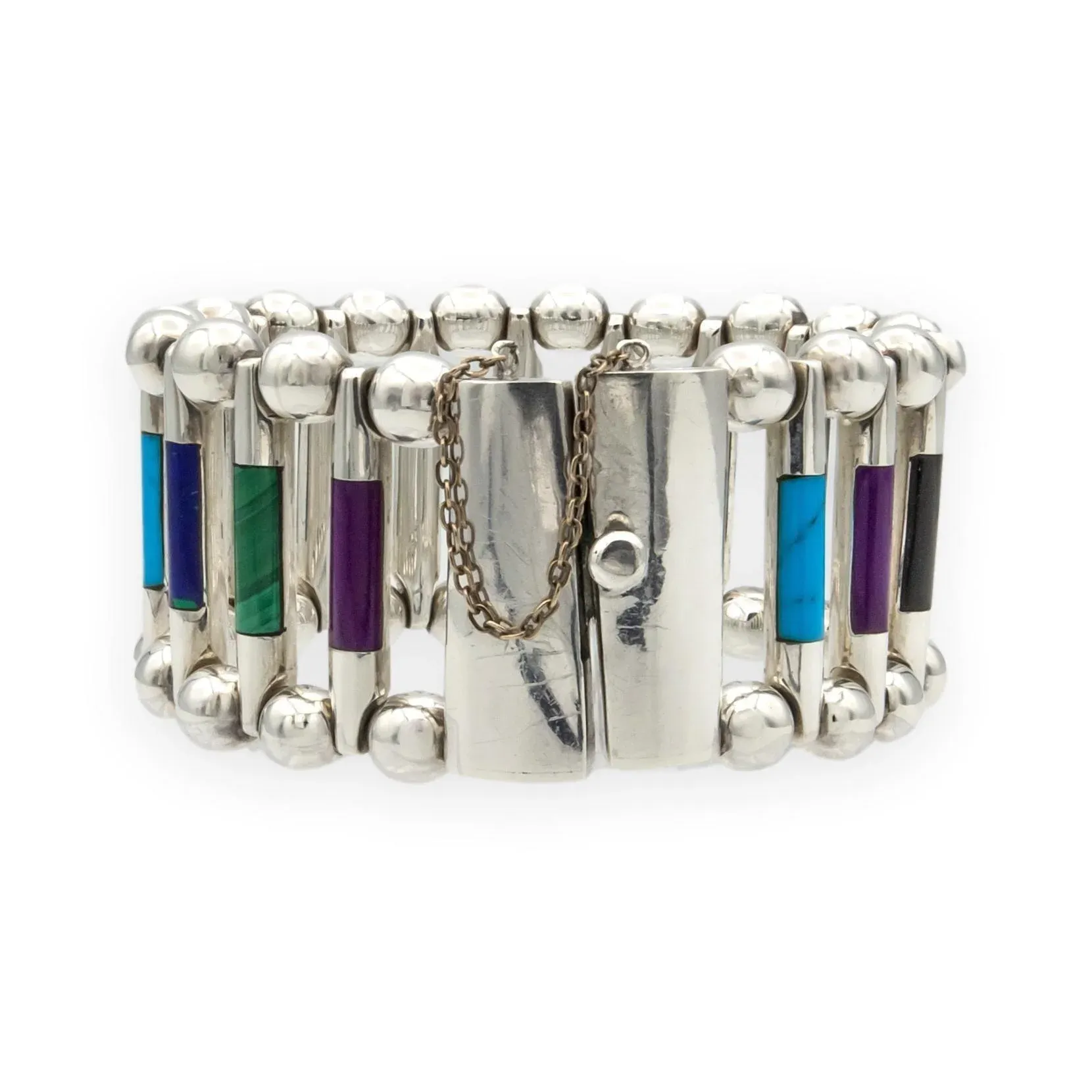 Vintage Tuka Mexican Modernist Silver Gemstone Inlay Bracelet, 1970s, 7.5\