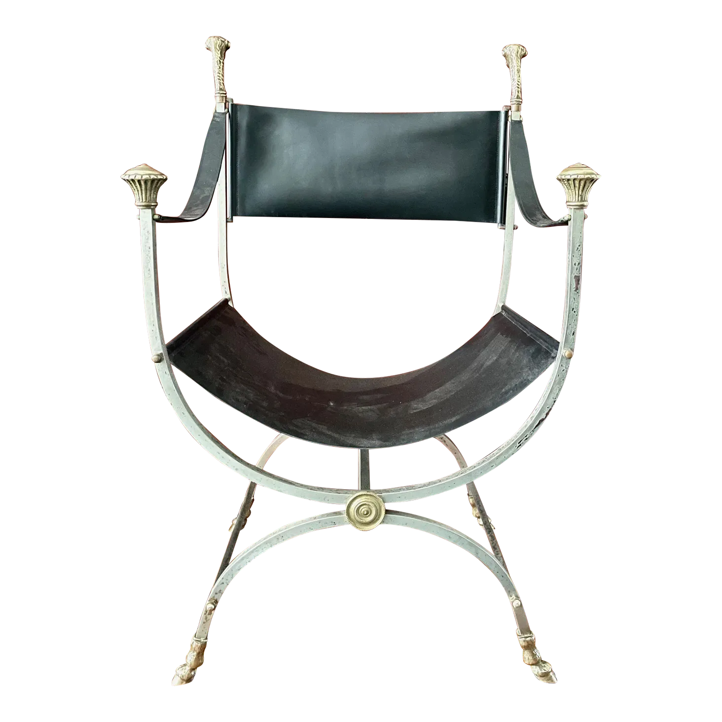 1960s Maison Jansen Steel and Brass Leather Savonarola Chair