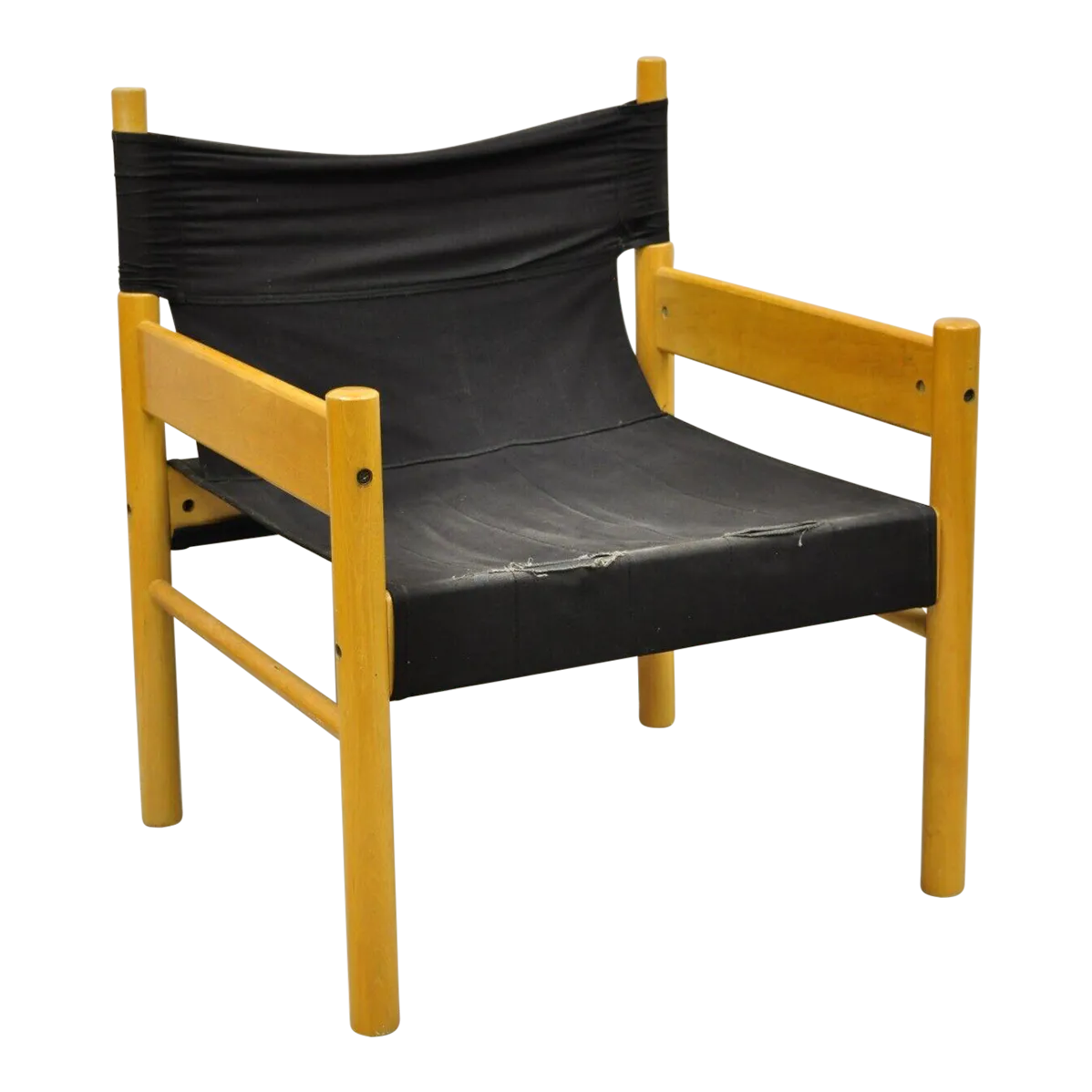 Vintage Scandinavian Modern Birch Wood Lounge Chair With Black Canvas
