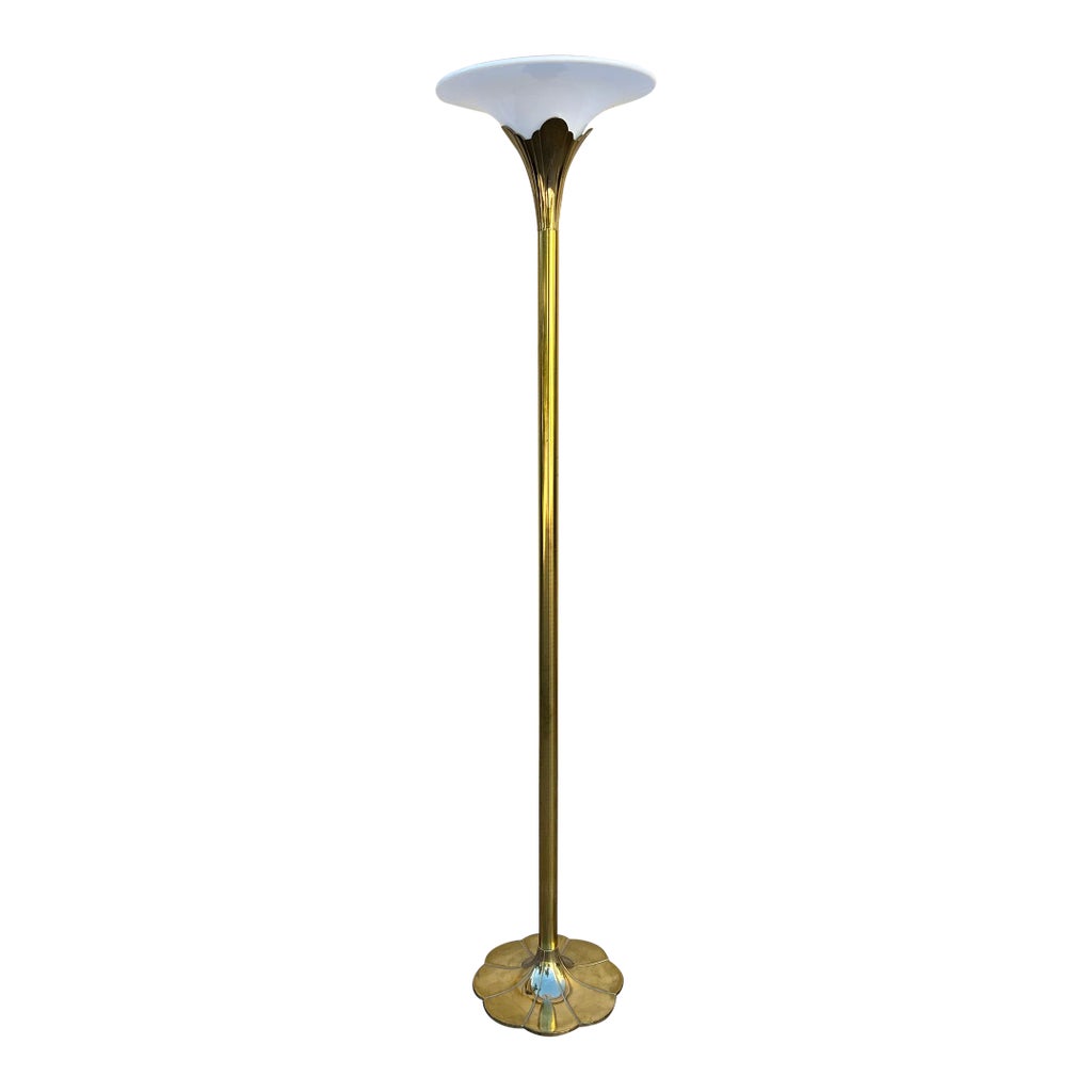 Mid Century Stiffel Solid Brass Tulip Torchiere Floor Lamp Milk Glass ...