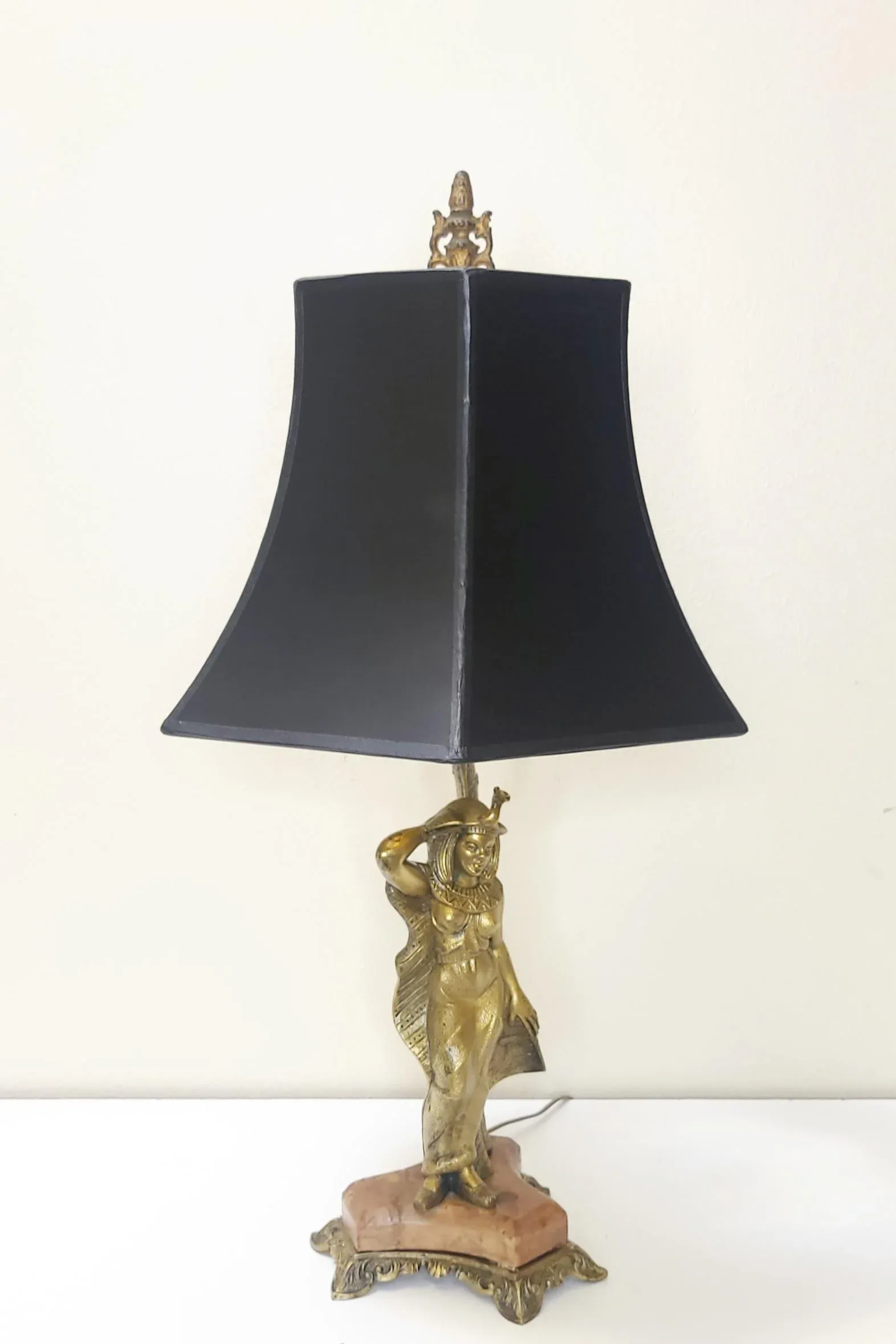 Single French Ormolu Egyptian Table Lamp With Black Hex Shade