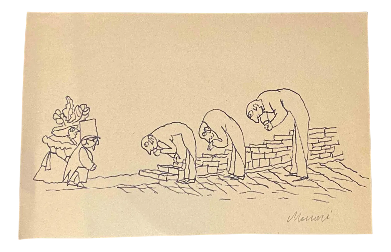 Mino Maccari, Respecting, Ink Drawing, Mid-20th Century