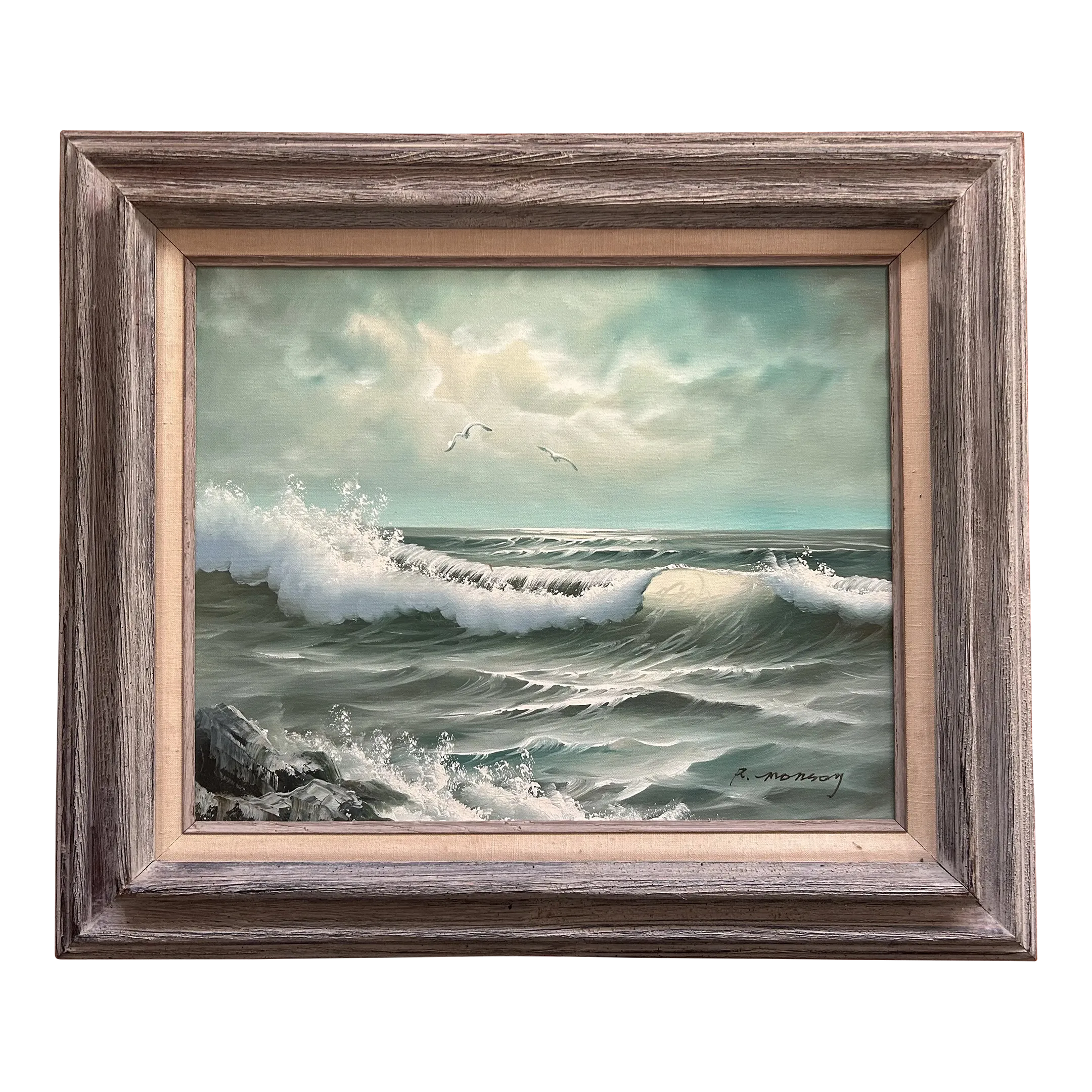 油彩画「Осеннее раздумье」 1946年 Kazonn O.A. Mid Century Seascape Oil Painting in Rustic Wood Frame