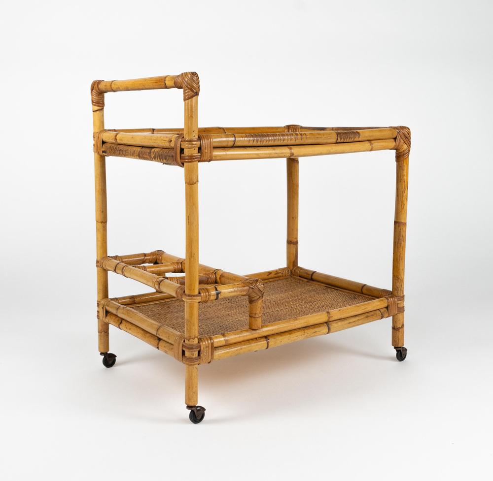 Mid-Century Modern Bamboo and Rattan Serving Bar Cart, Italy, 1960s