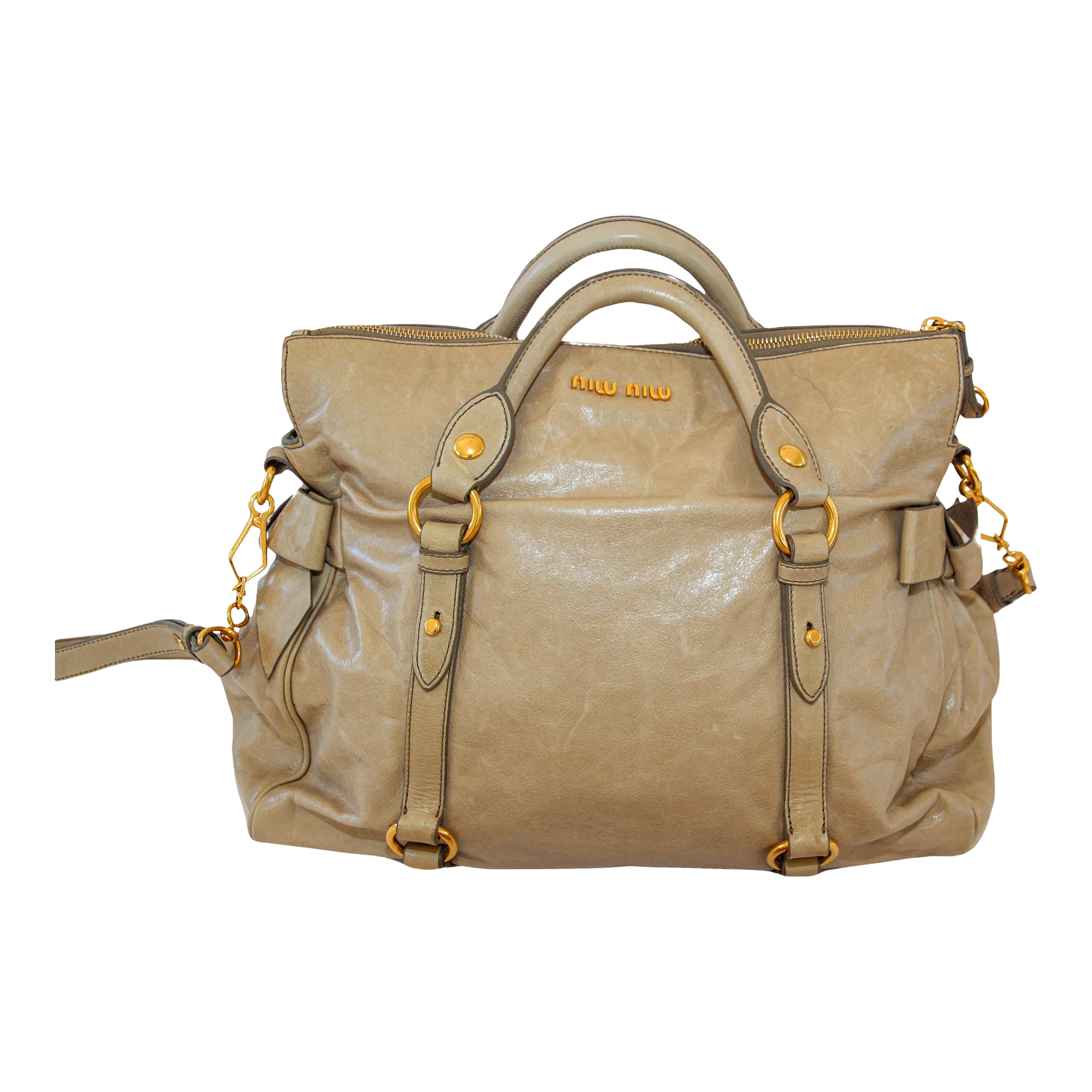 美品 miu miu Vitello Lux Ribbon Bag brown Miu Miu Dark Brown Vitello Lux Leather Bow Tote Miu Miu | TLC