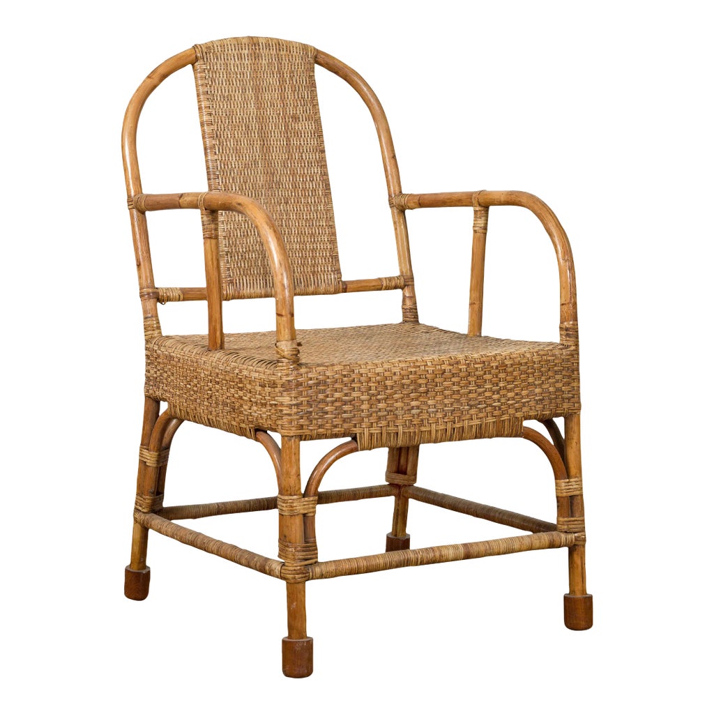 Vintage Burmese Country Style Hand-Woven Rattan Armchair with Rounded ...