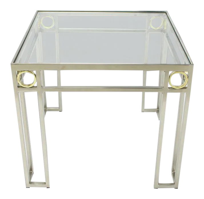 MidCentury Modern Square Brass Rings Chrome Frame Shape Base Glass Top