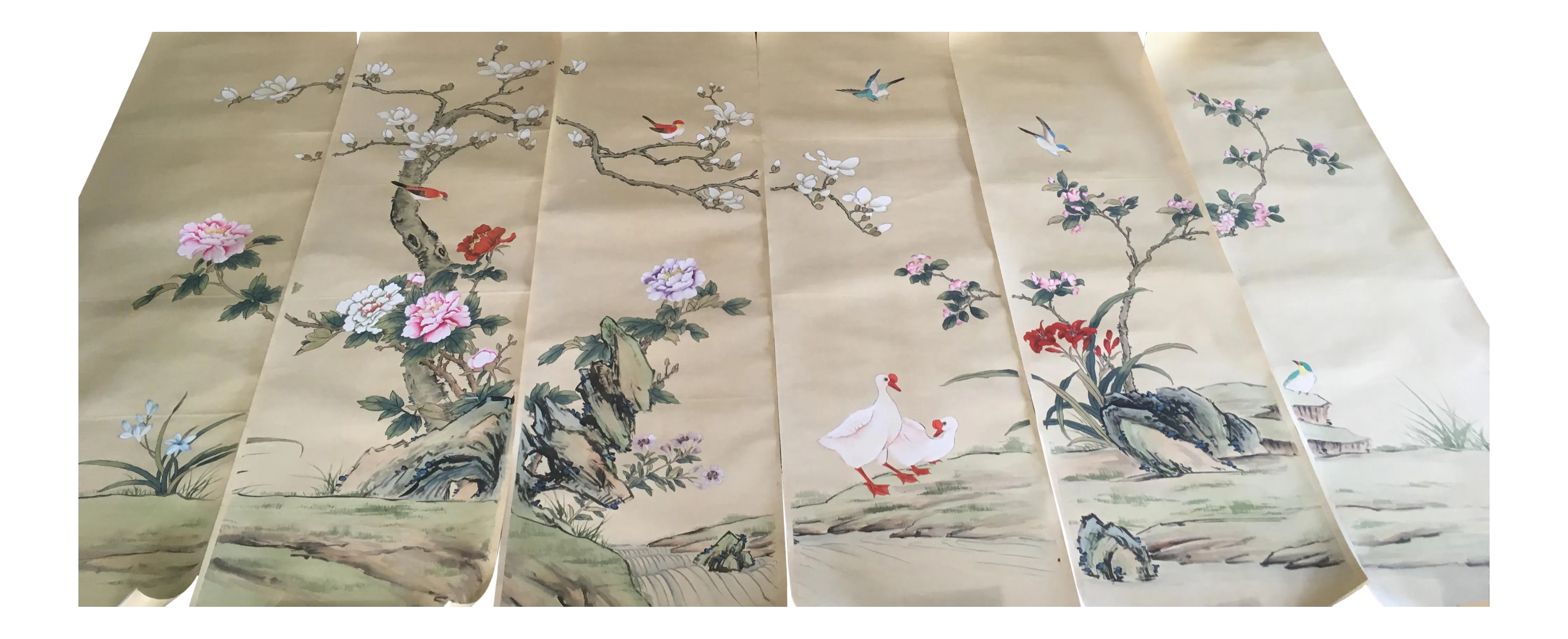 Rare Collectible Antique Chinese Export Hand Painted Wallpaper Six Panels Chinoiserie Birds And Flowers Chairish