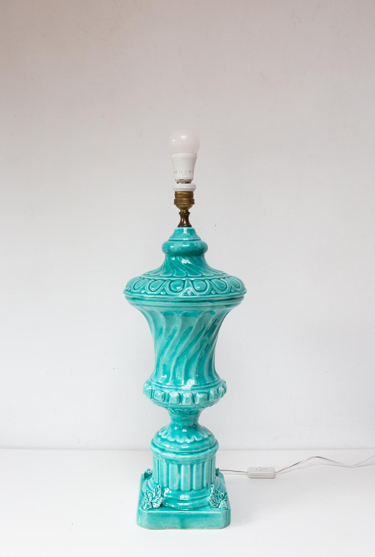 Large Turquoise Blue Manises Table Lamp, 1960s