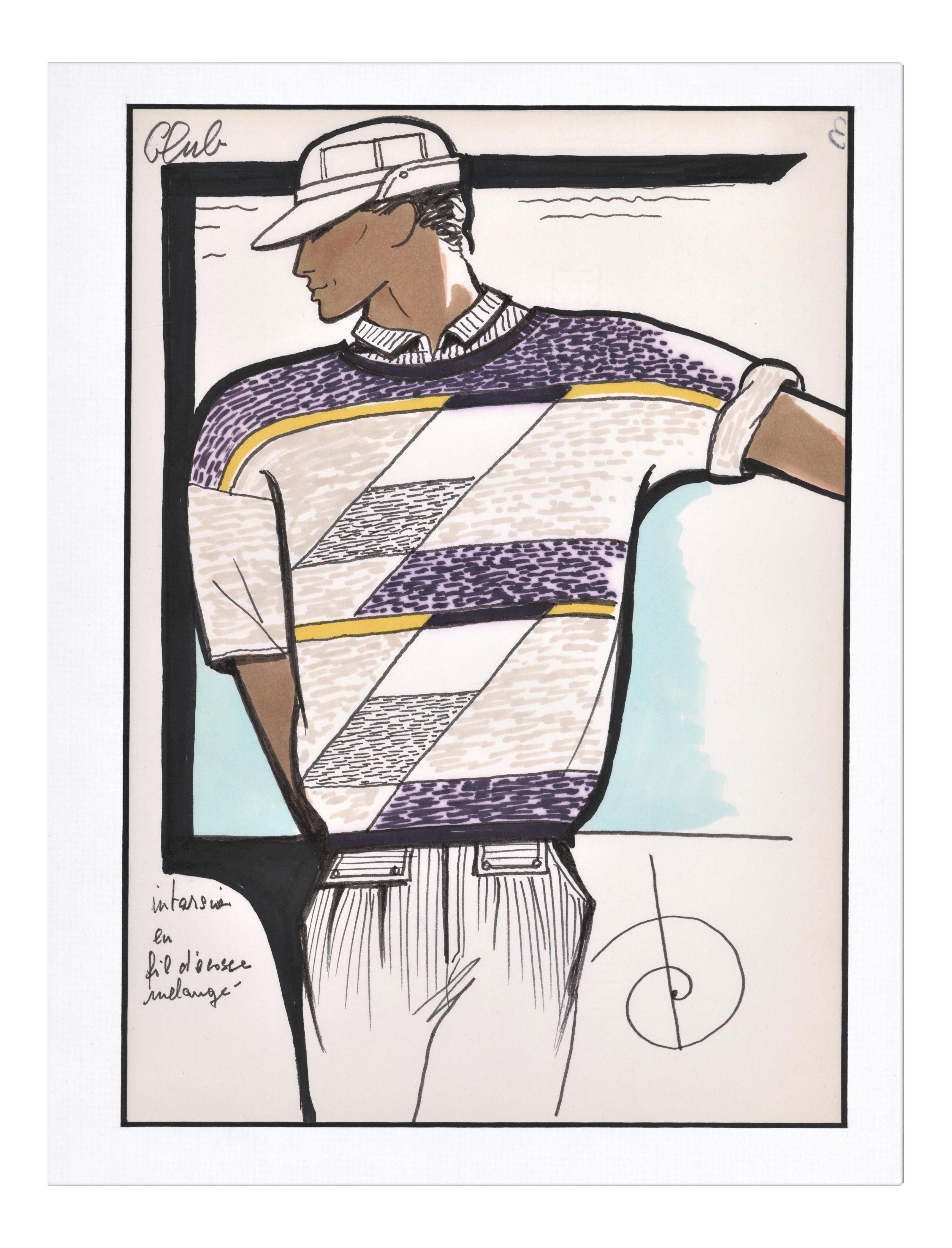 C1980s French Men's Sportswear Fashion Design Drawing-Summer
