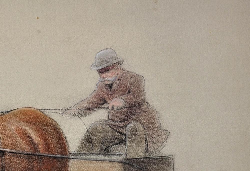 Cecil Aldin, Trotting Horses Harnessed to a Lightweight Four Wheel Cart Trap, Chalk Drawing, Framed