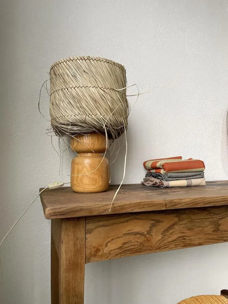 Vintage Wood and Straw Lamp, 1950s
