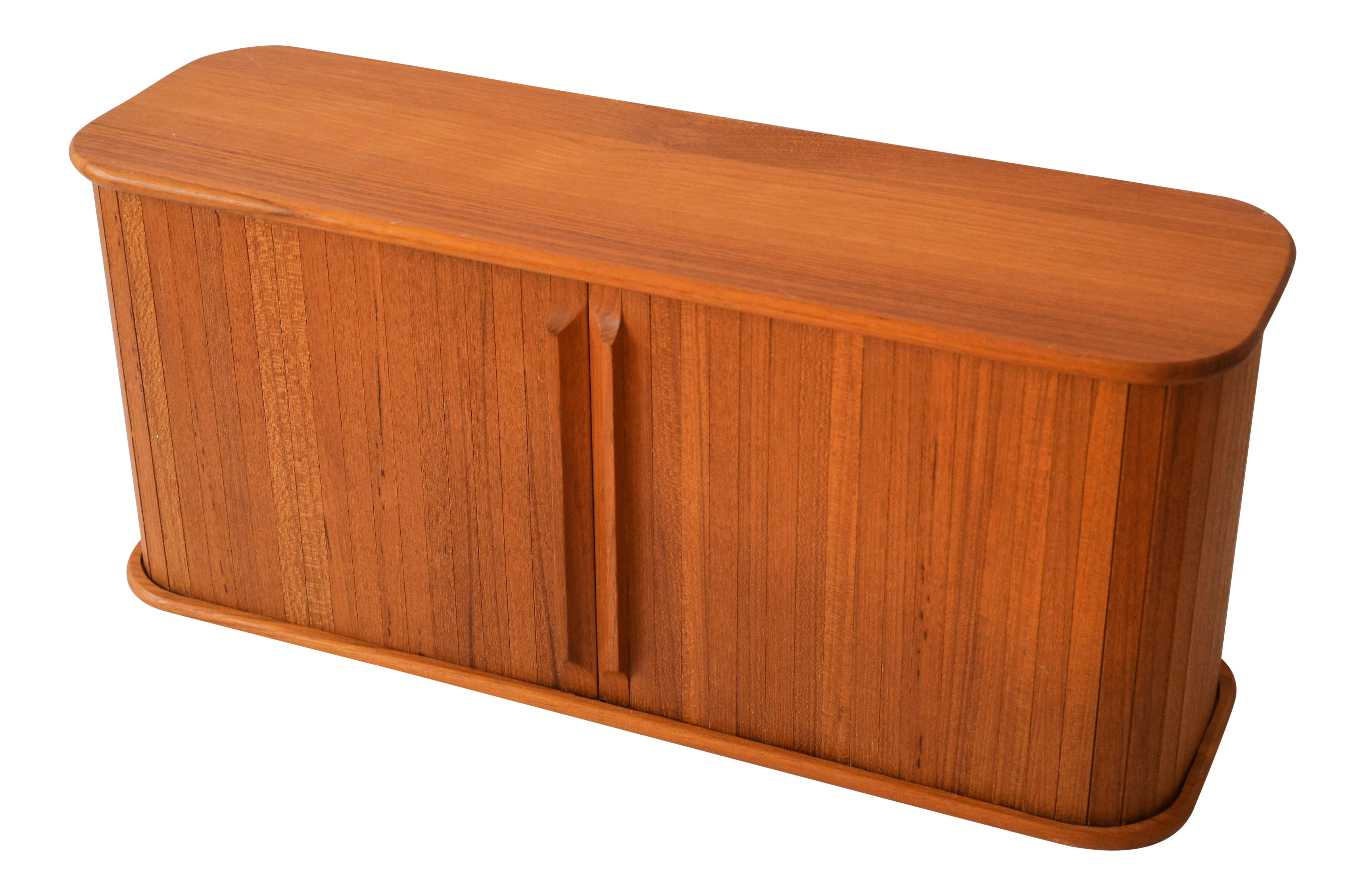 Vintage Mid Century Teak Tech Wall Mounted Tambour Door Shelf
