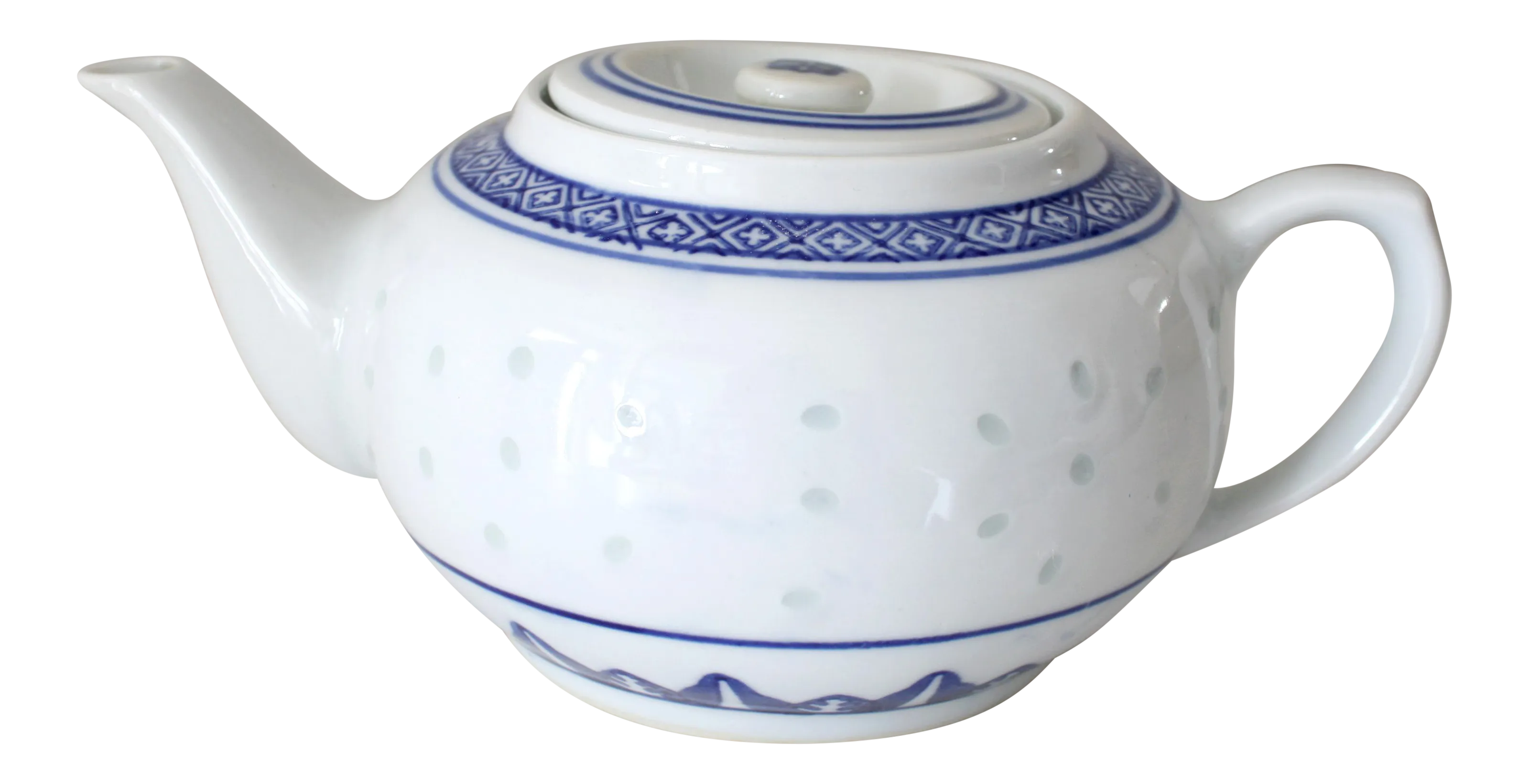 Vintage MidCentury Chinese Rice Grain Blue and White Teapot With Lid