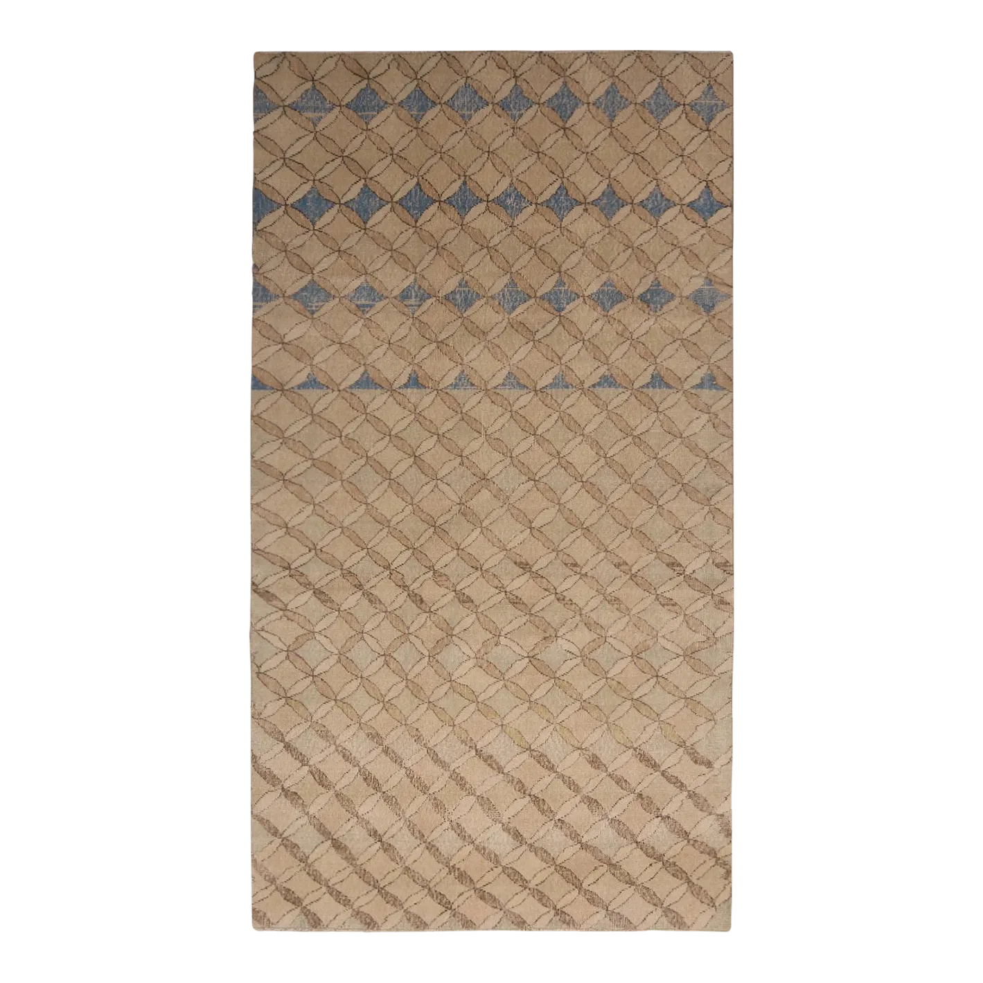 1960s Vintage Distressed Zeki Muren Rug in BeigeBrown, Blue Trellis