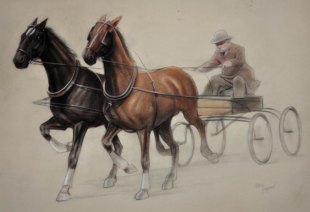 Cecil Aldin, Trotting Horses Harnessed to a Lightweight Four Wheel Cart Trap, Chalk Drawing, Framed