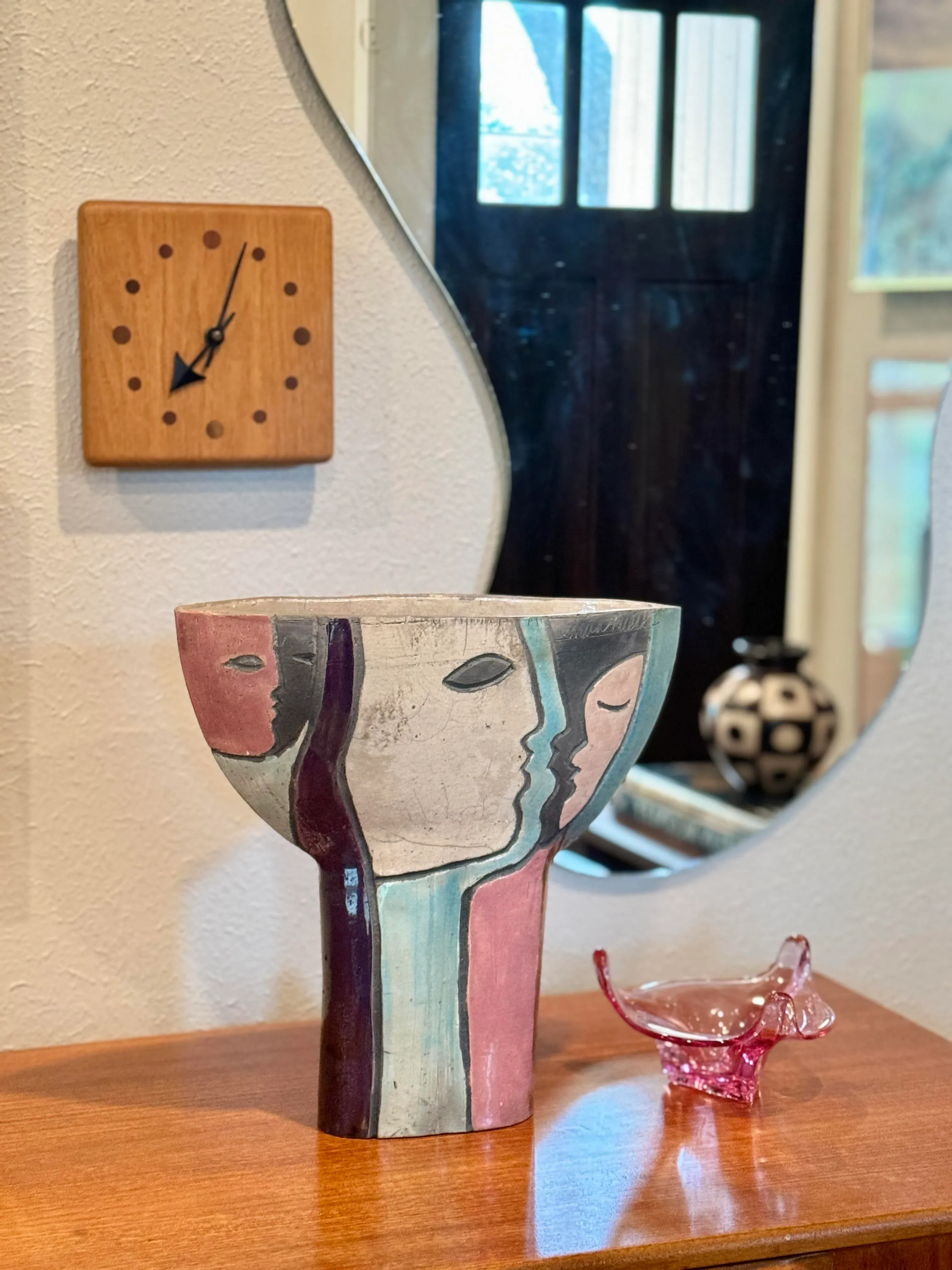 Modernist Raku Pottery Ceramic Vase With Abstract Faces