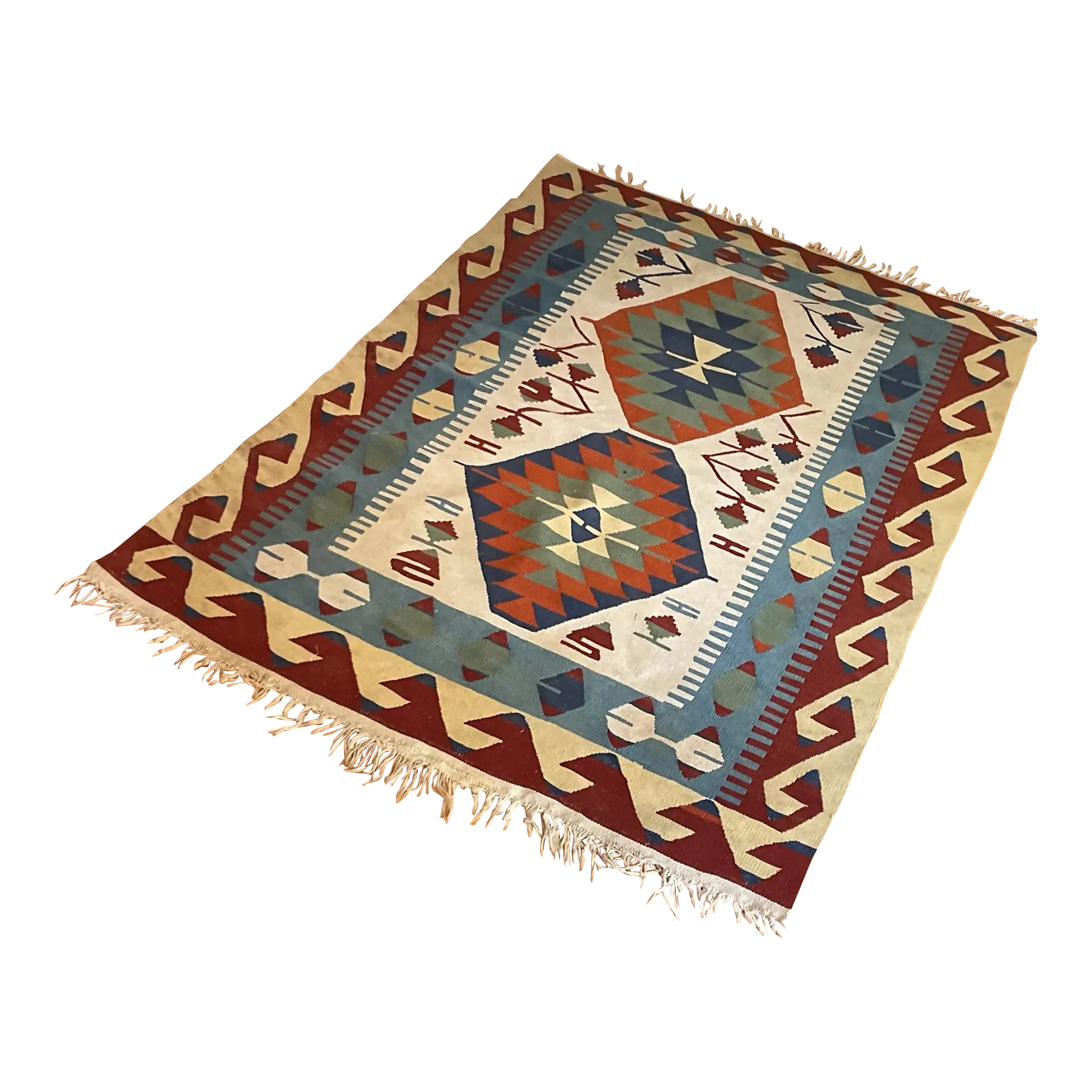 1960s Vintage Colorful Handmade Turkish Kilim Tribal Rug 64” X 43”