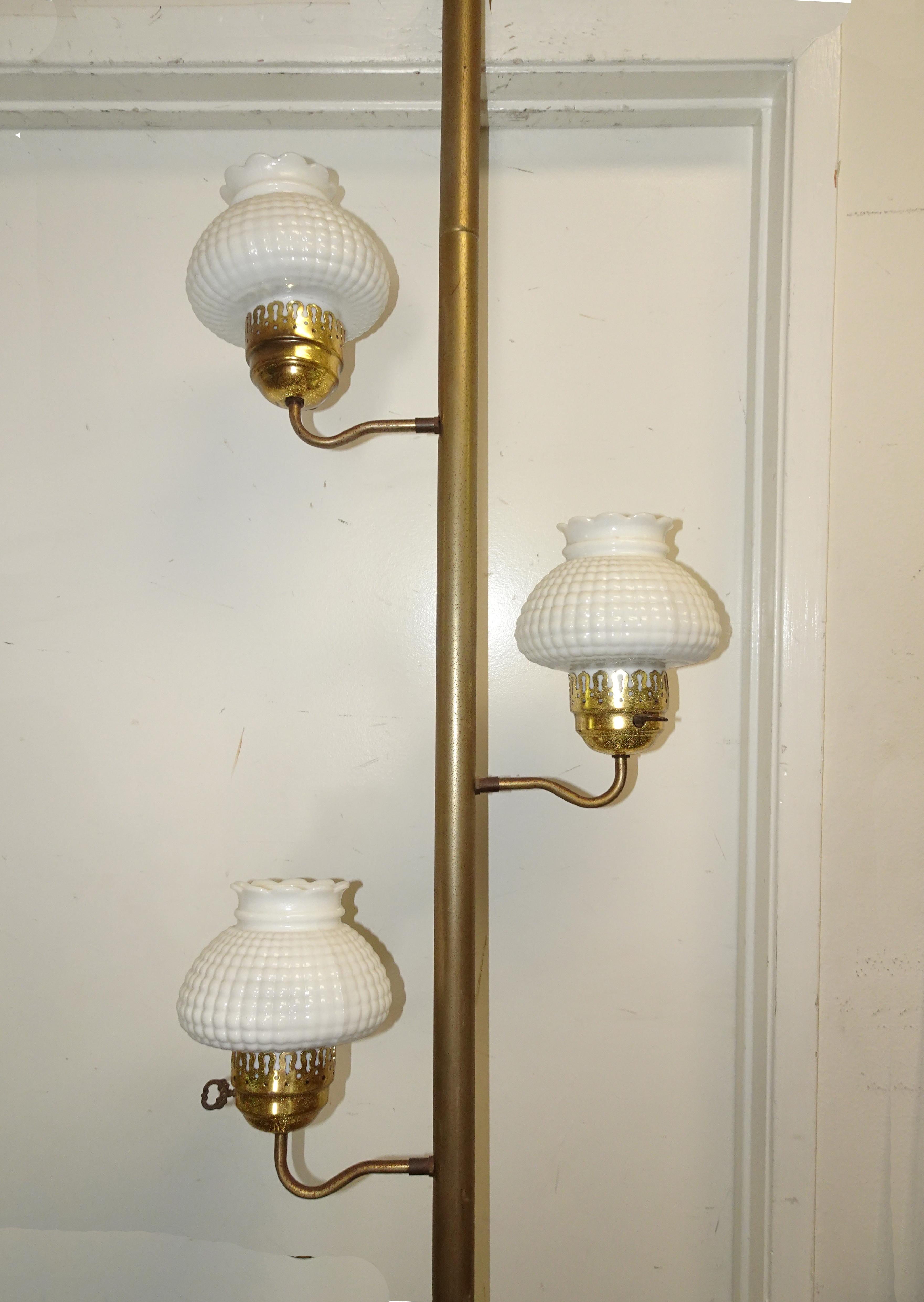 Vintage Mid Century Modern White 3 Light Tension Pole Lamp Floor to Ceiling