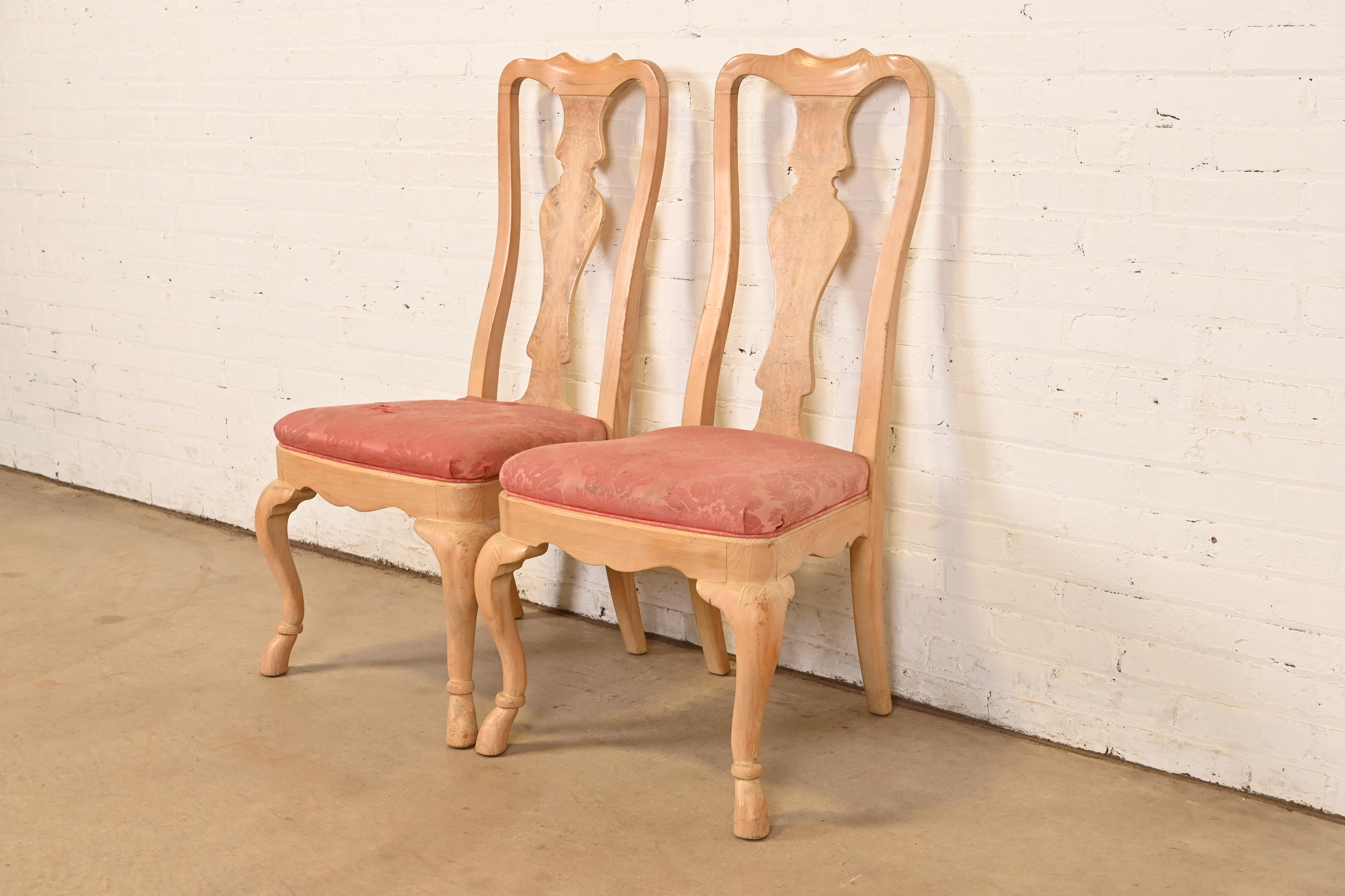 Drexel Heritage Queen Anne Carved Oak and Burl Wood Side Chairs or