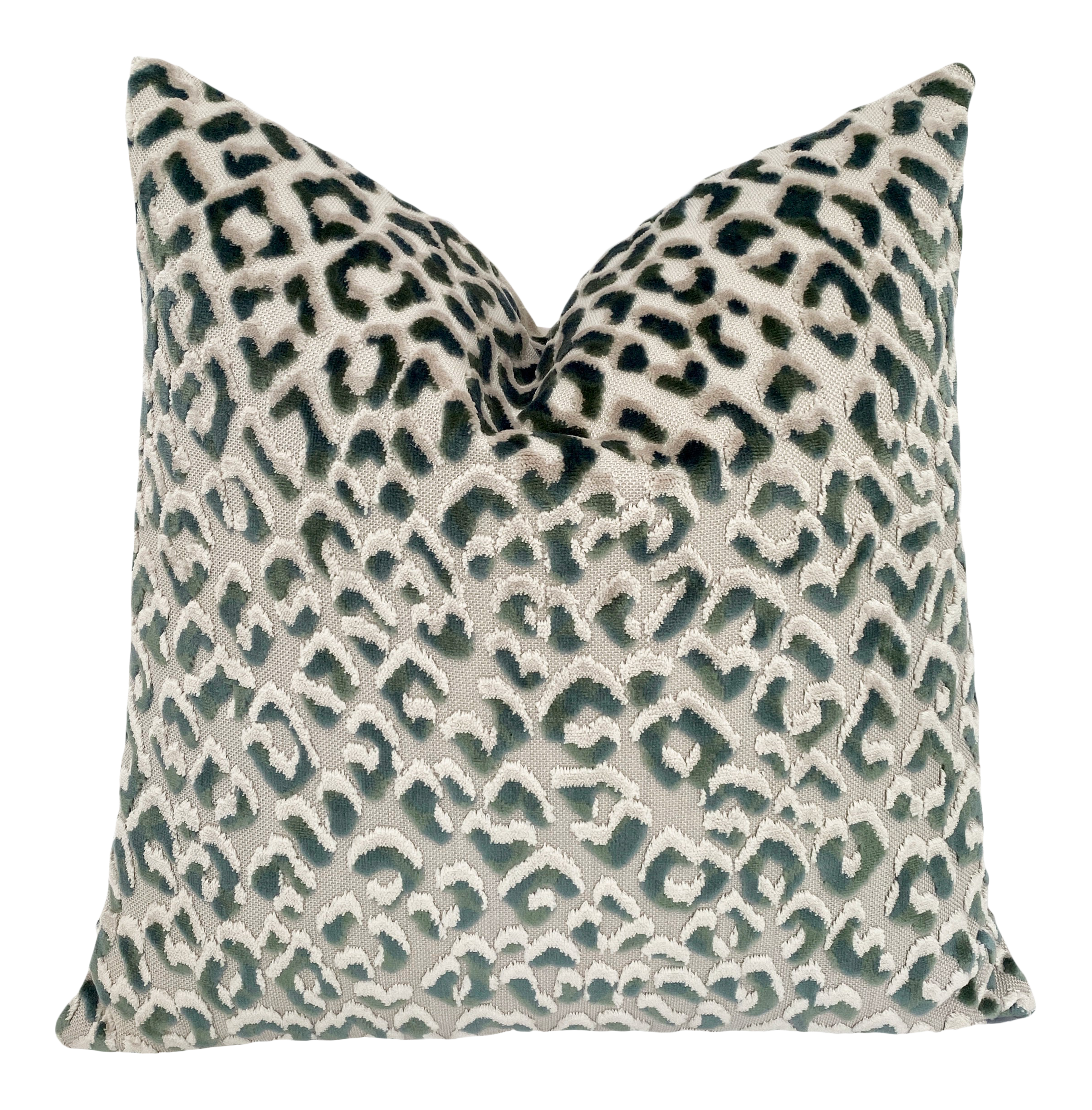 Moss Green and Natural Textured Velvet Leopard Print Pillow Cover