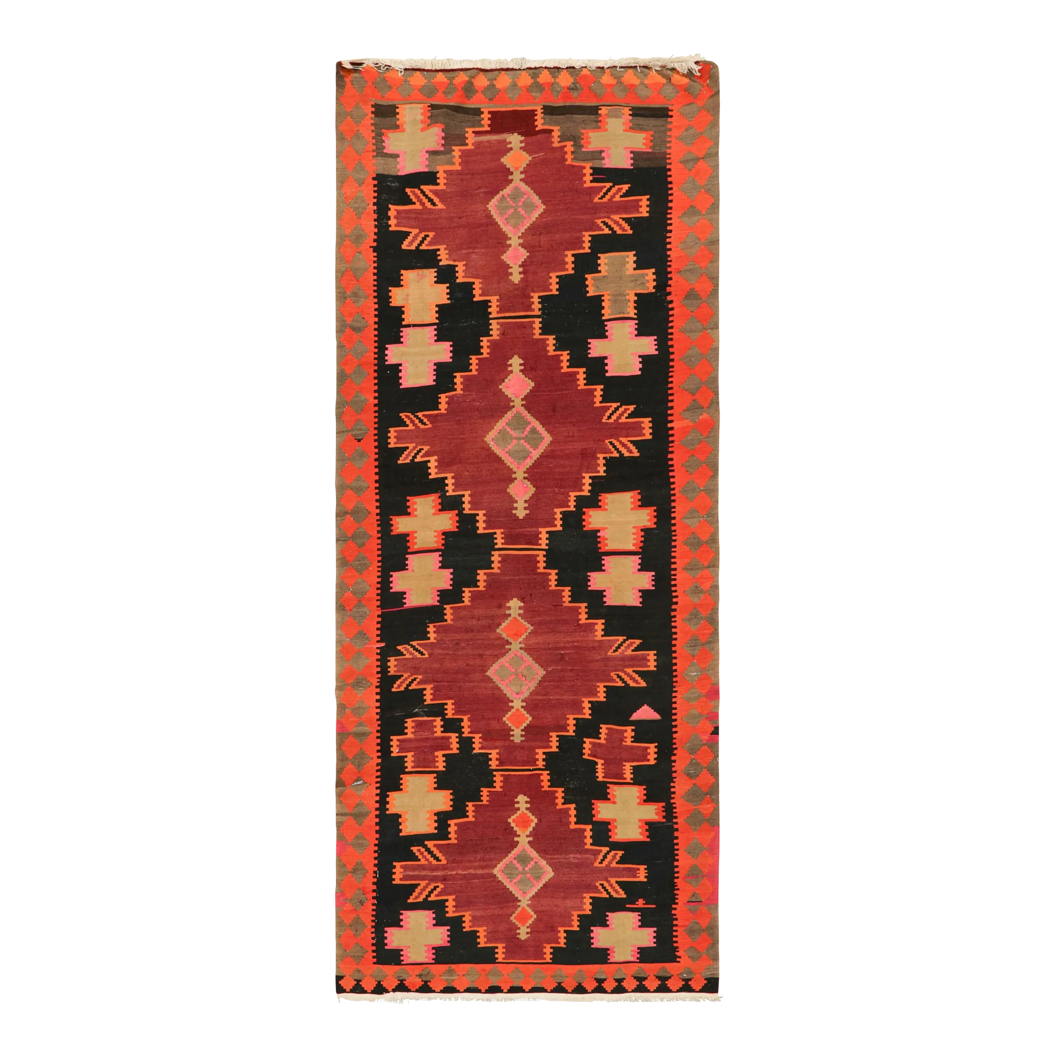 Late 20th Century Franciscan Desert Rose Covered Vegetable DishHandwoven Antique Persian Kilim Rug in Wine Black and Orange Geometric Pattern