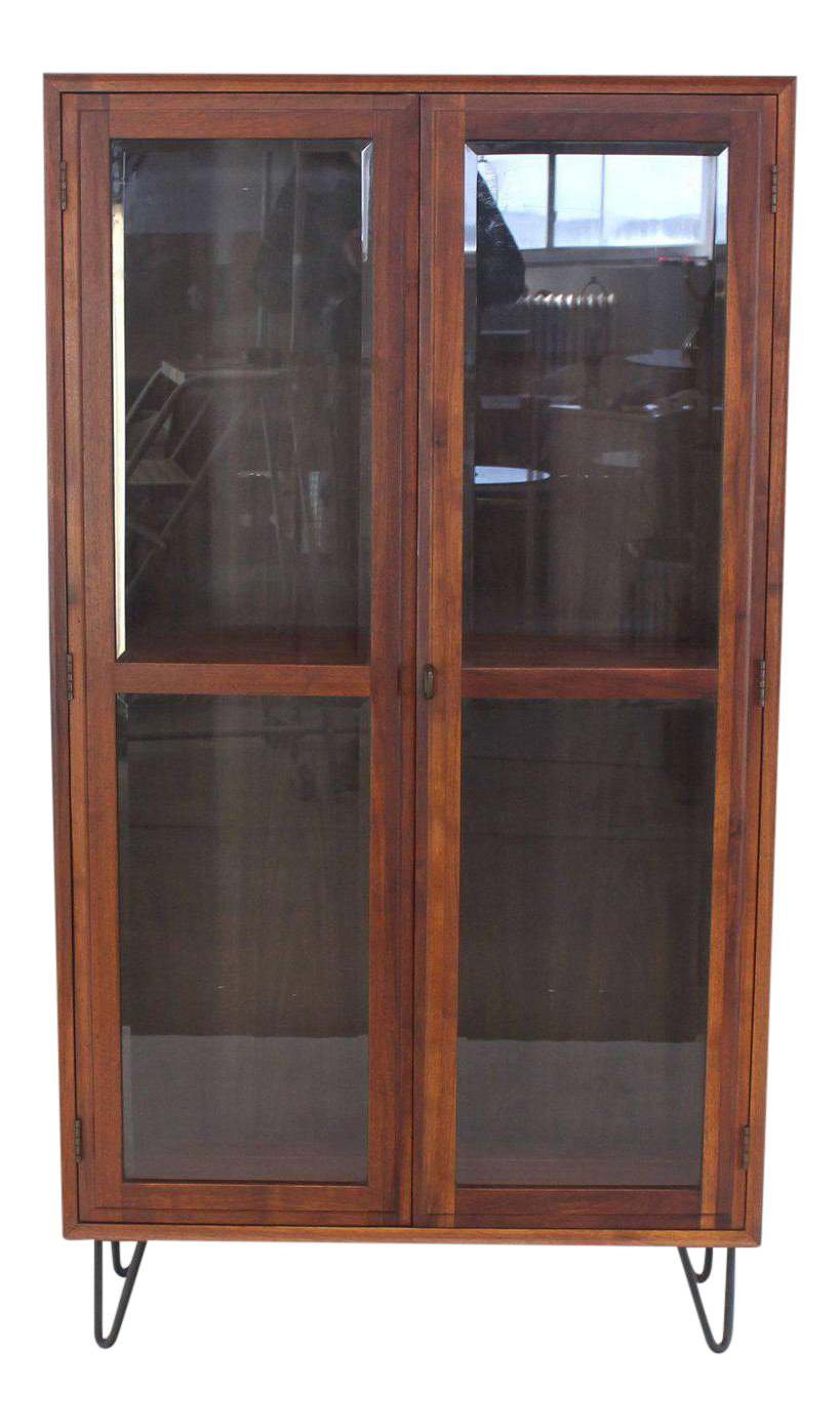MidCentury Modern Tall Oiled Walnut Two Doors Beveled Glass Bookcase