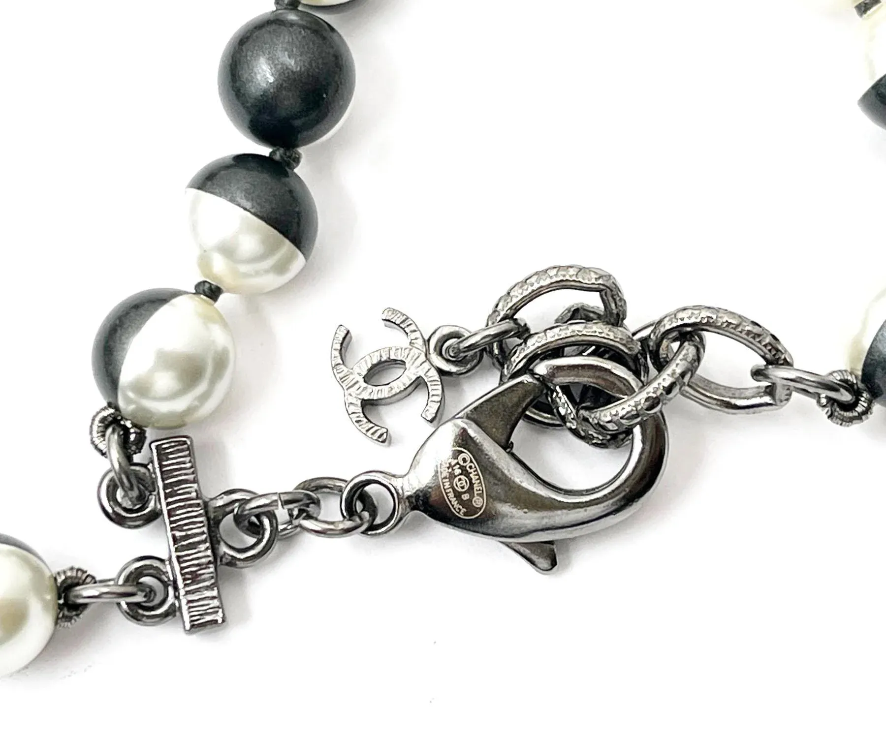 Chanel Black White Half Half 2 Strand Pearl Long Necklace